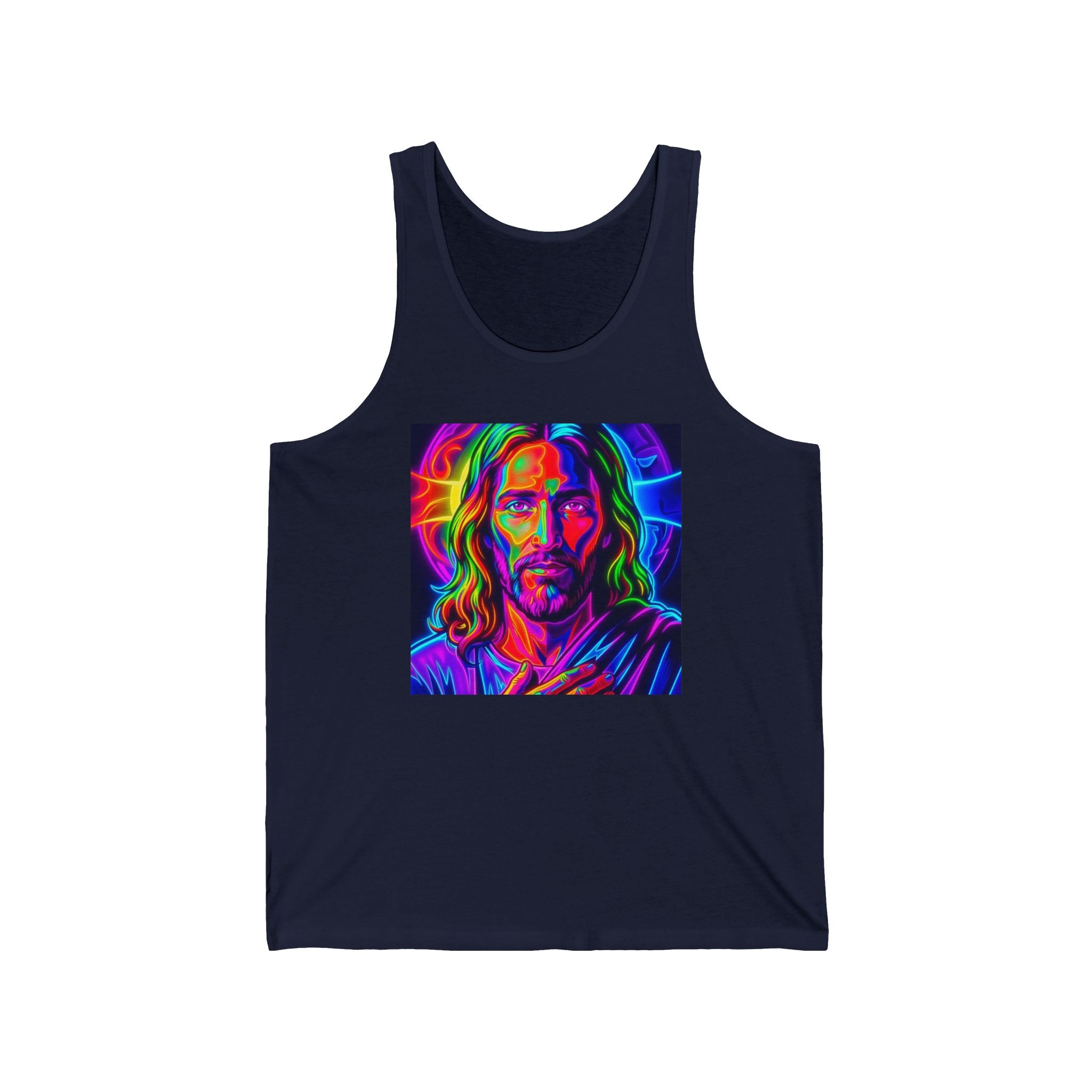 Psychedelic Jesus Portrait Tank Top — Neon Religious Art Graphic Tank