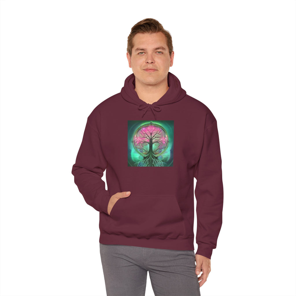 Tree of Life Hoodie — Vibrant Pink & Teal Spiritual Graphic Hooded Sweatshirt