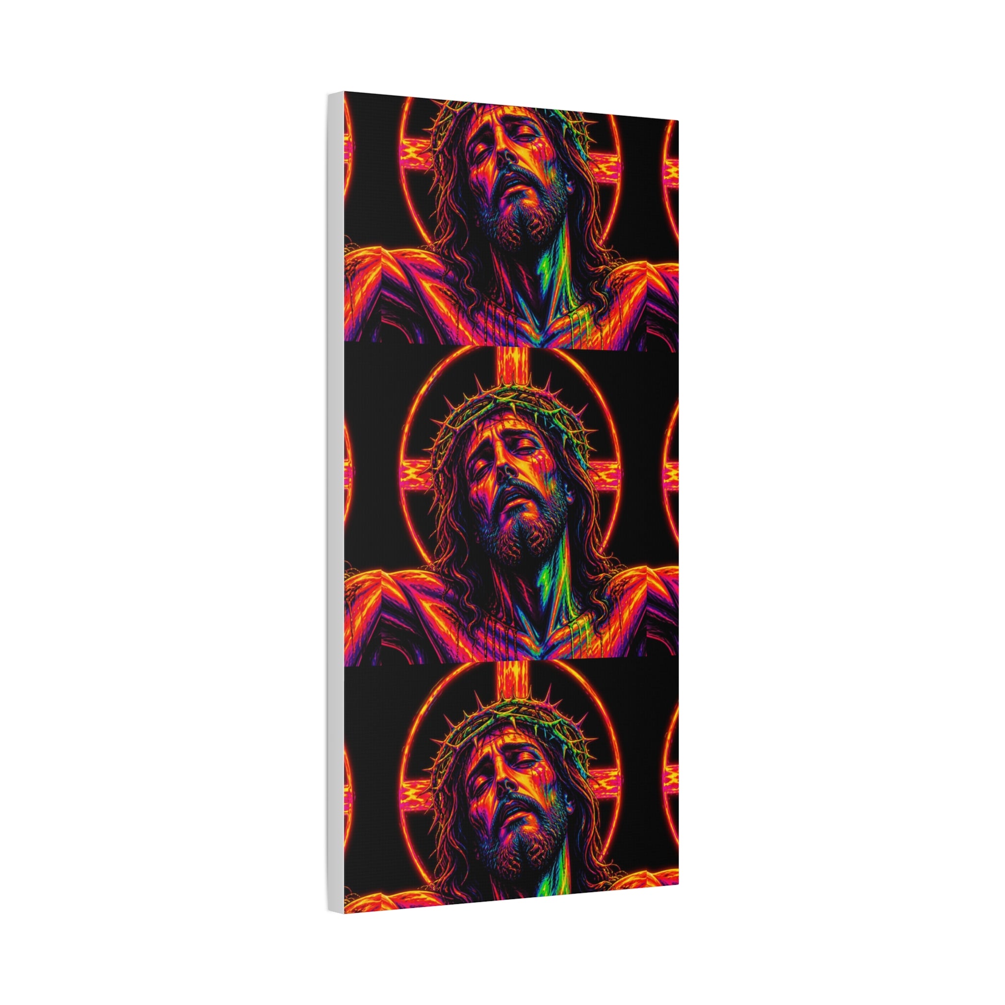 Neon Christ Crucifix Canvas Print — Vibrant Religious Wall Art