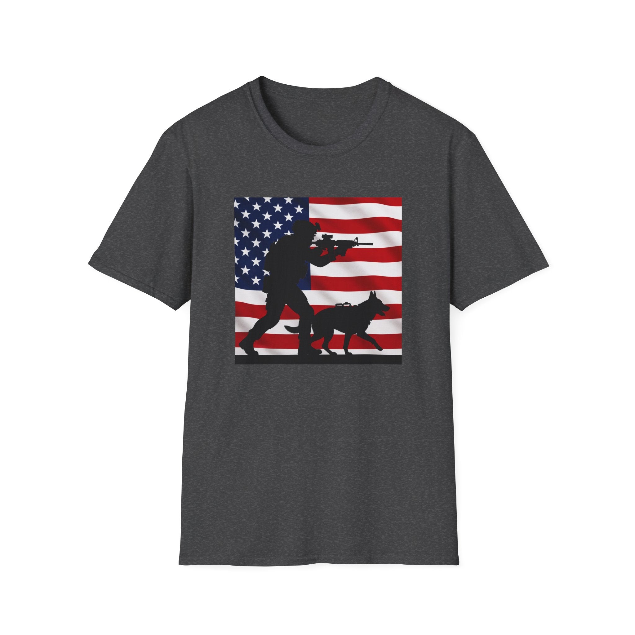 Patriotic K9 Handler T-Shirt — American Flag Soldier with Dog Graphic