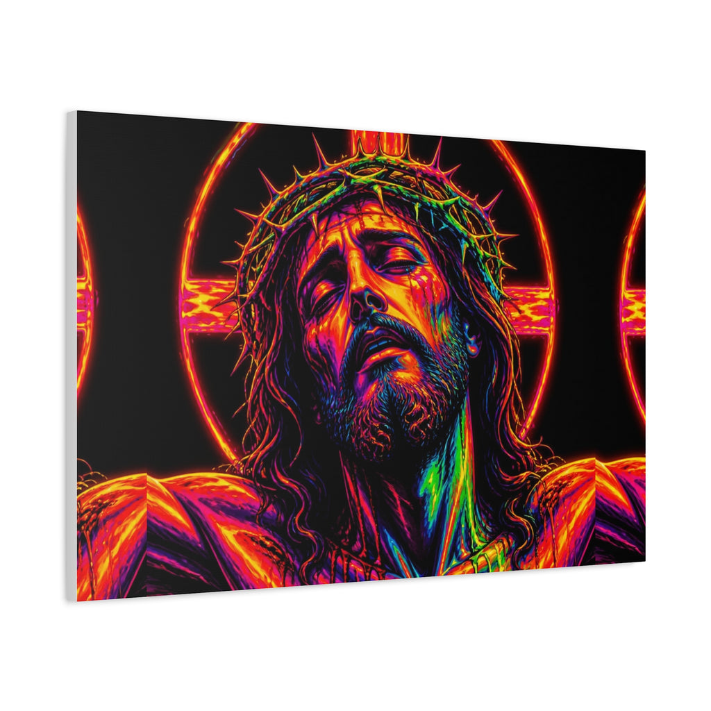 Neon Christ Crucifix Canvas Print — Vibrant Religious Wall Art