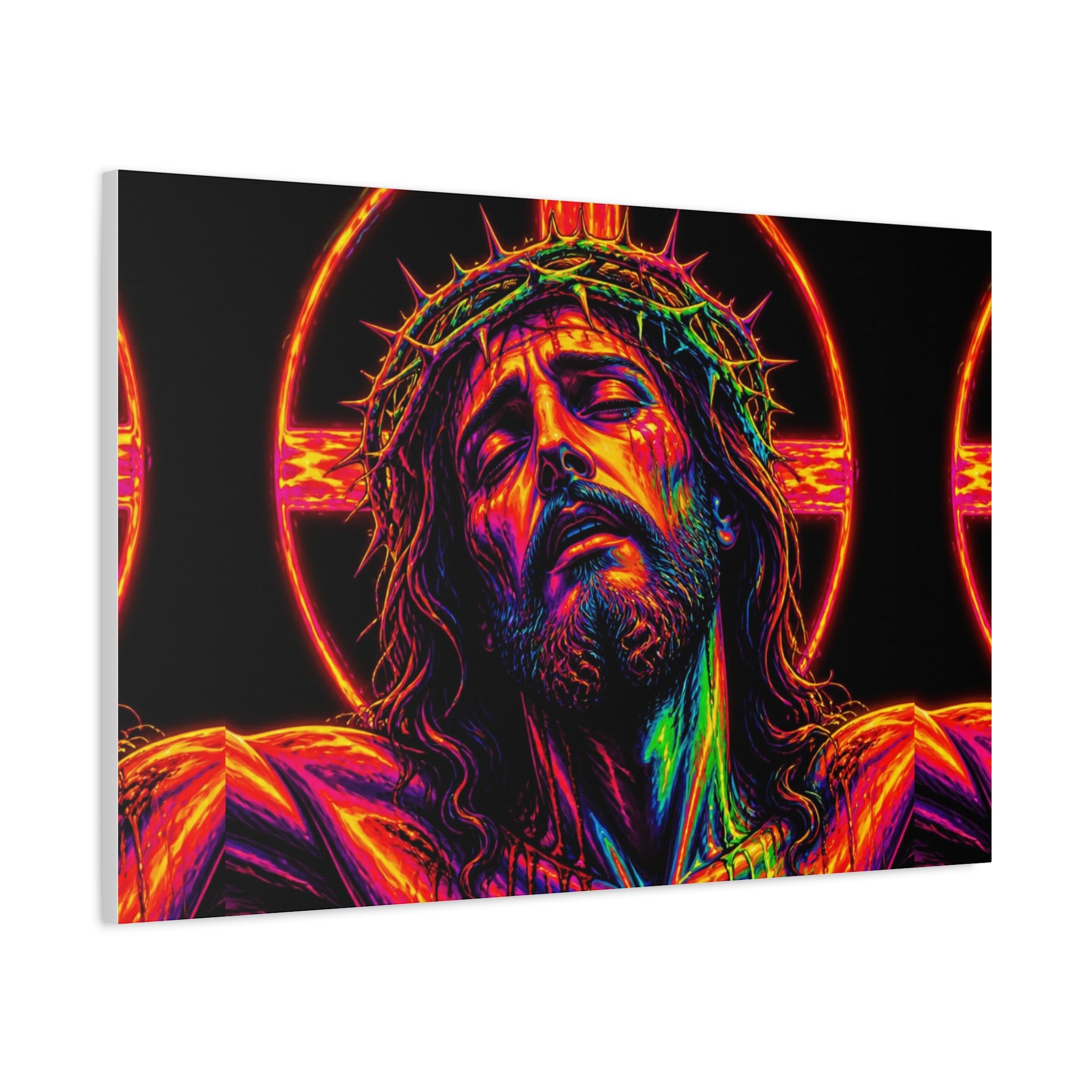 Neon Christ Crucifix Canvas Print — Vibrant Religious Wall Art