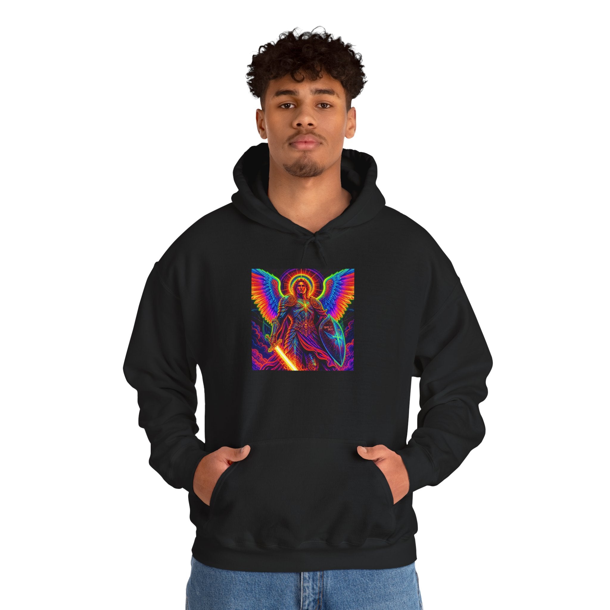 Psychedelic Angel Hoodie — Neon Rainbow Guardian Graphic Sweatshirt