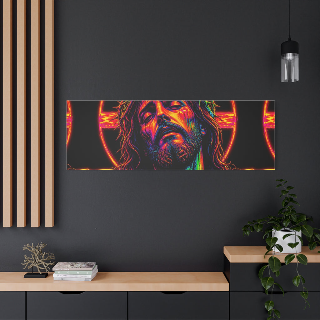 Neon Christ Crucifix Canvas Print — Vibrant Religious Wall Art