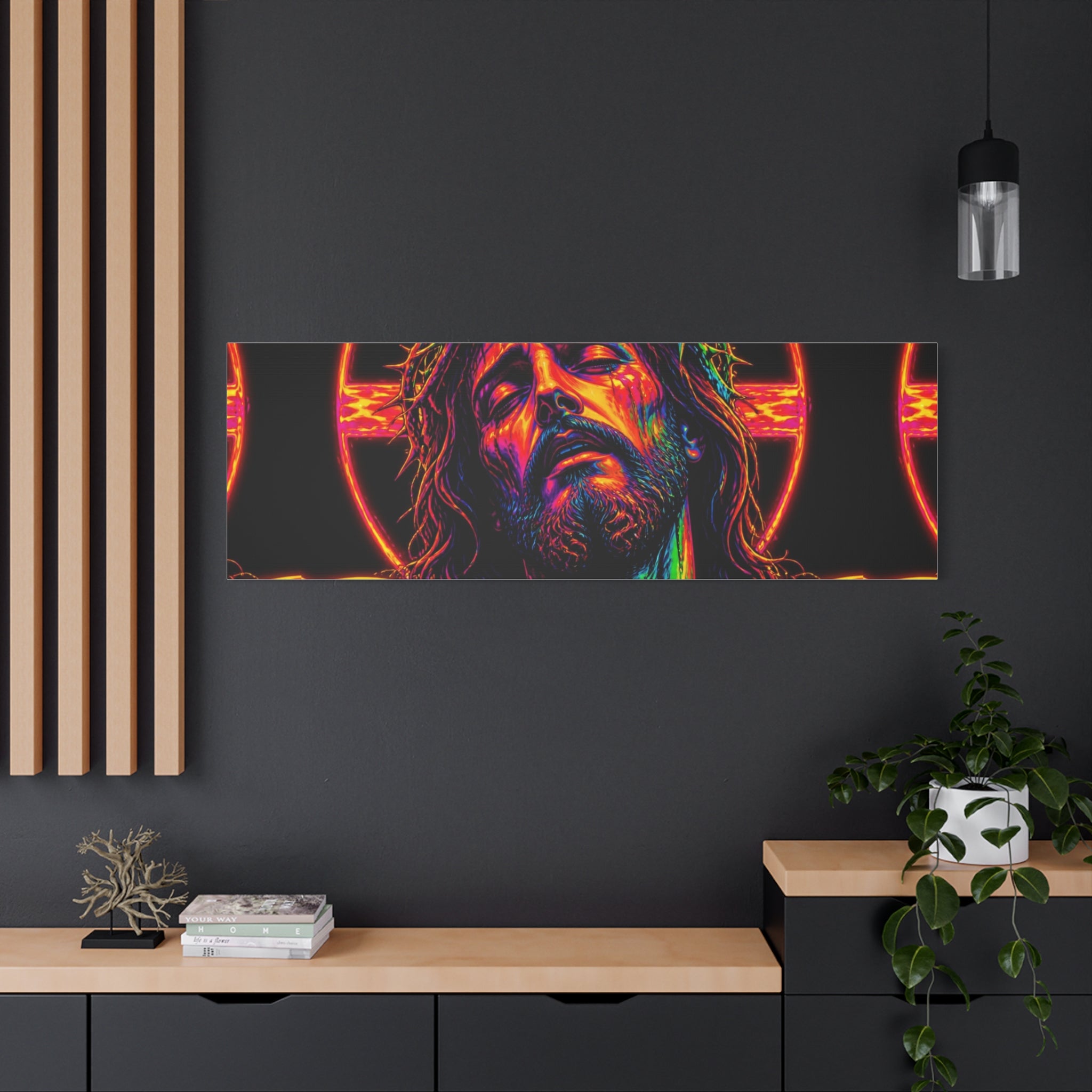 Neon Christ Crucifix Canvas Print — Vibrant Religious Wall Art