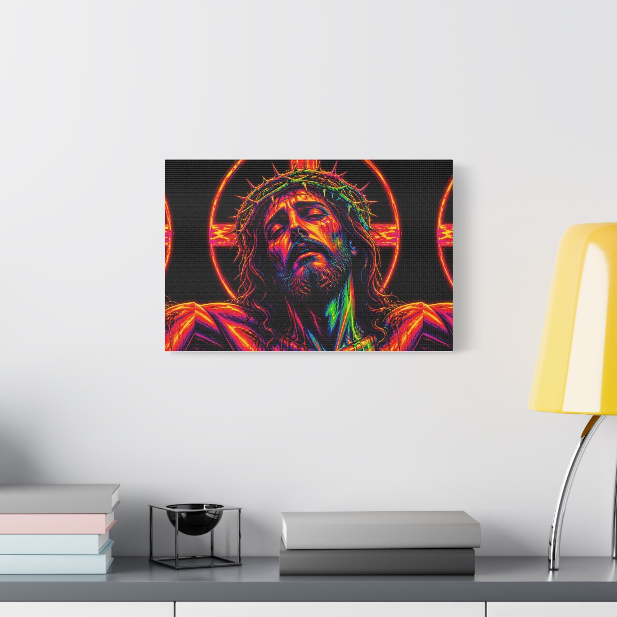 Neon Christ Crucifix Canvas Print — Vibrant Religious Wall Art