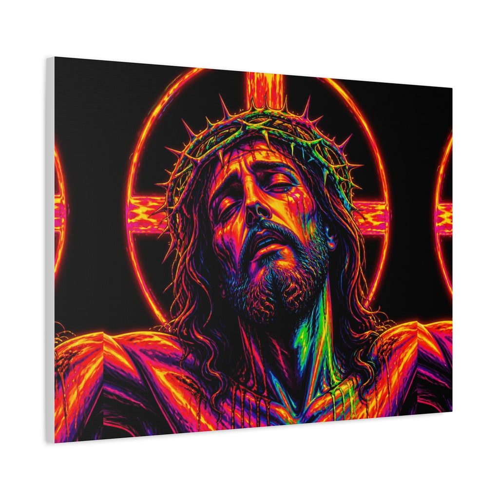 Neon Christ Crucifix Canvas Print — Vibrant Religious Wall Art