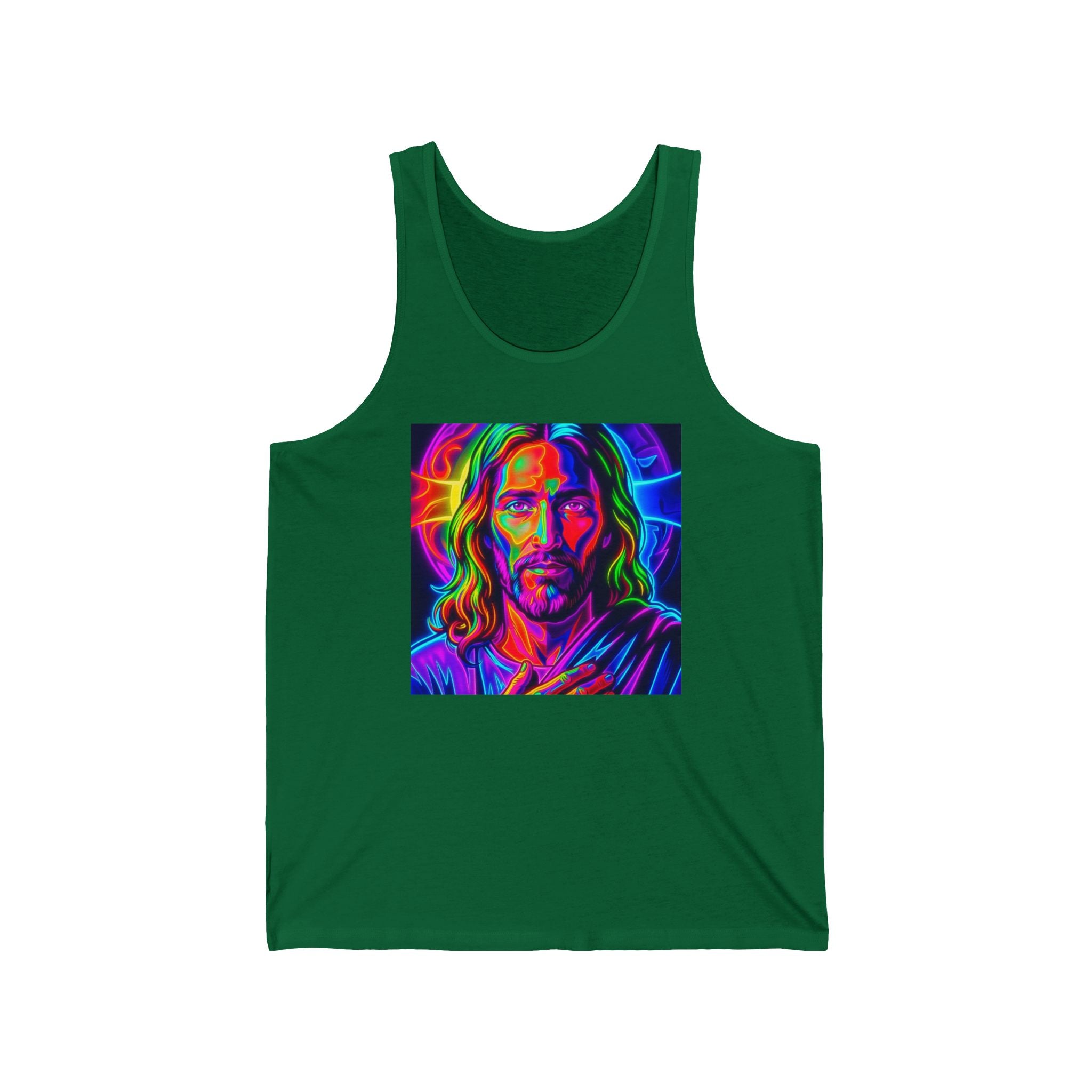 Psychedelic Jesus Portrait Tank Top — Neon Religious Art Graphic Tank