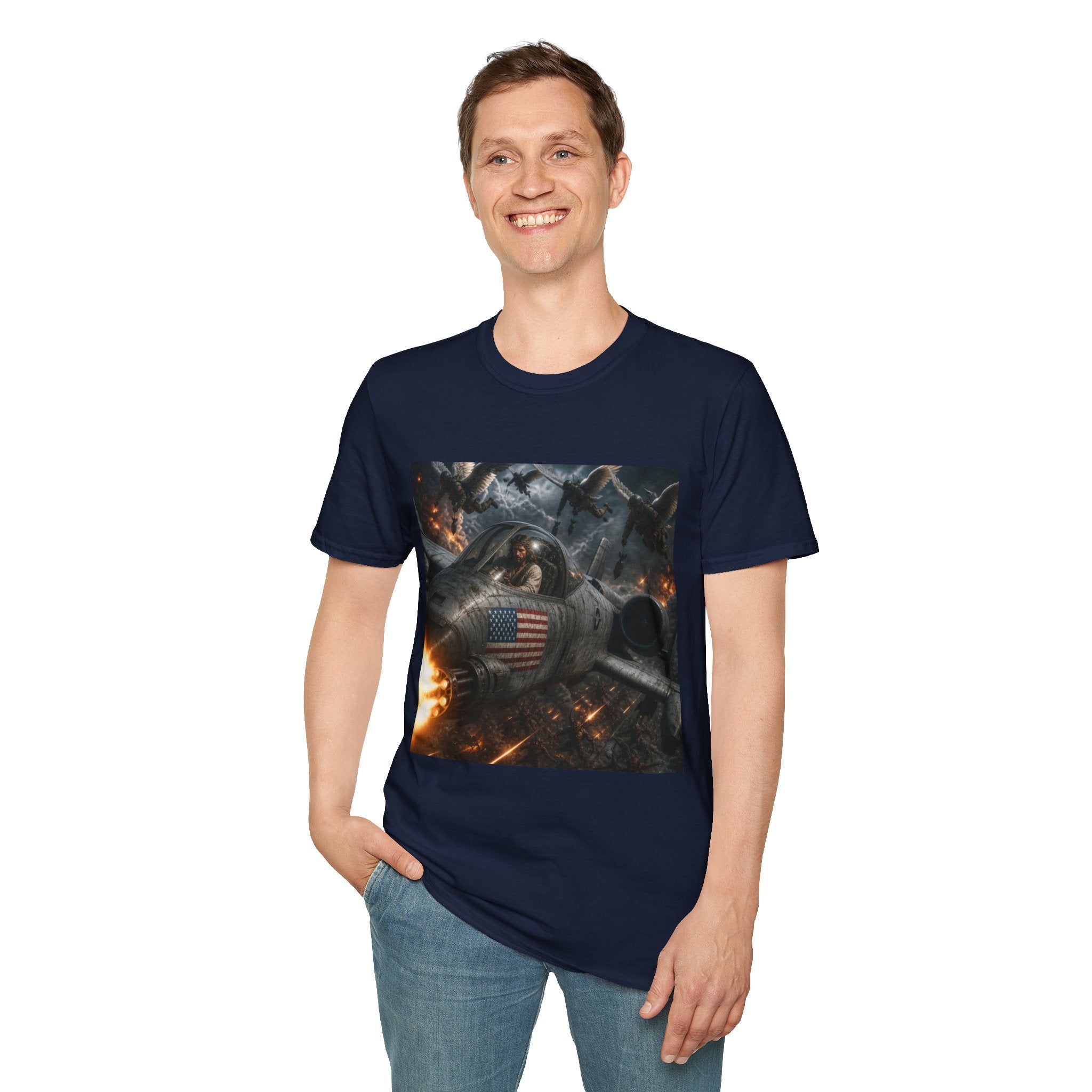 Jesus Military Pilot T‑Shirt — Vintage Jetfighter Scene with American Flag