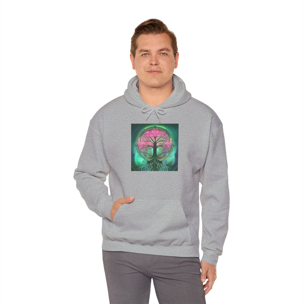 Tree of Life Hoodie — Vibrant Pink & Teal Spiritual Graphic Hooded Sweatshirt