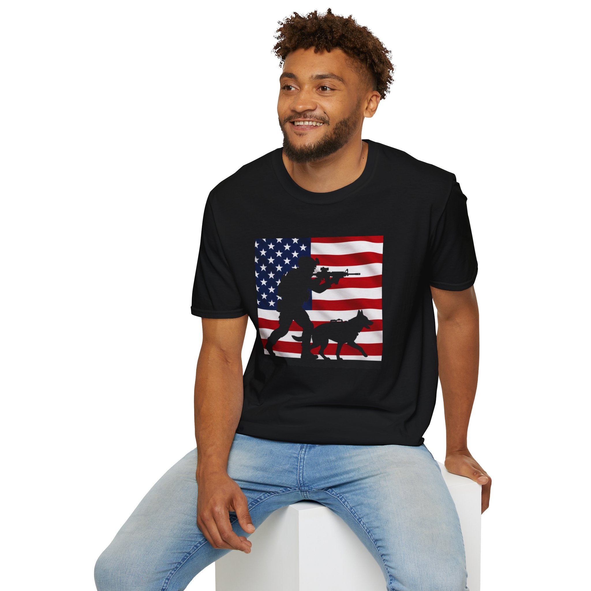 Patriotic K9 Handler T-Shirt — American Flag Soldier with Dog Graphic