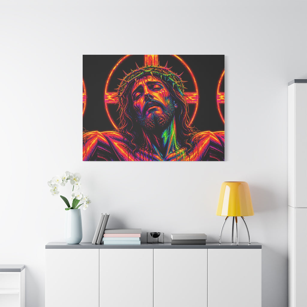 Neon Christ Crucifix Canvas Print — Vibrant Religious Wall Art