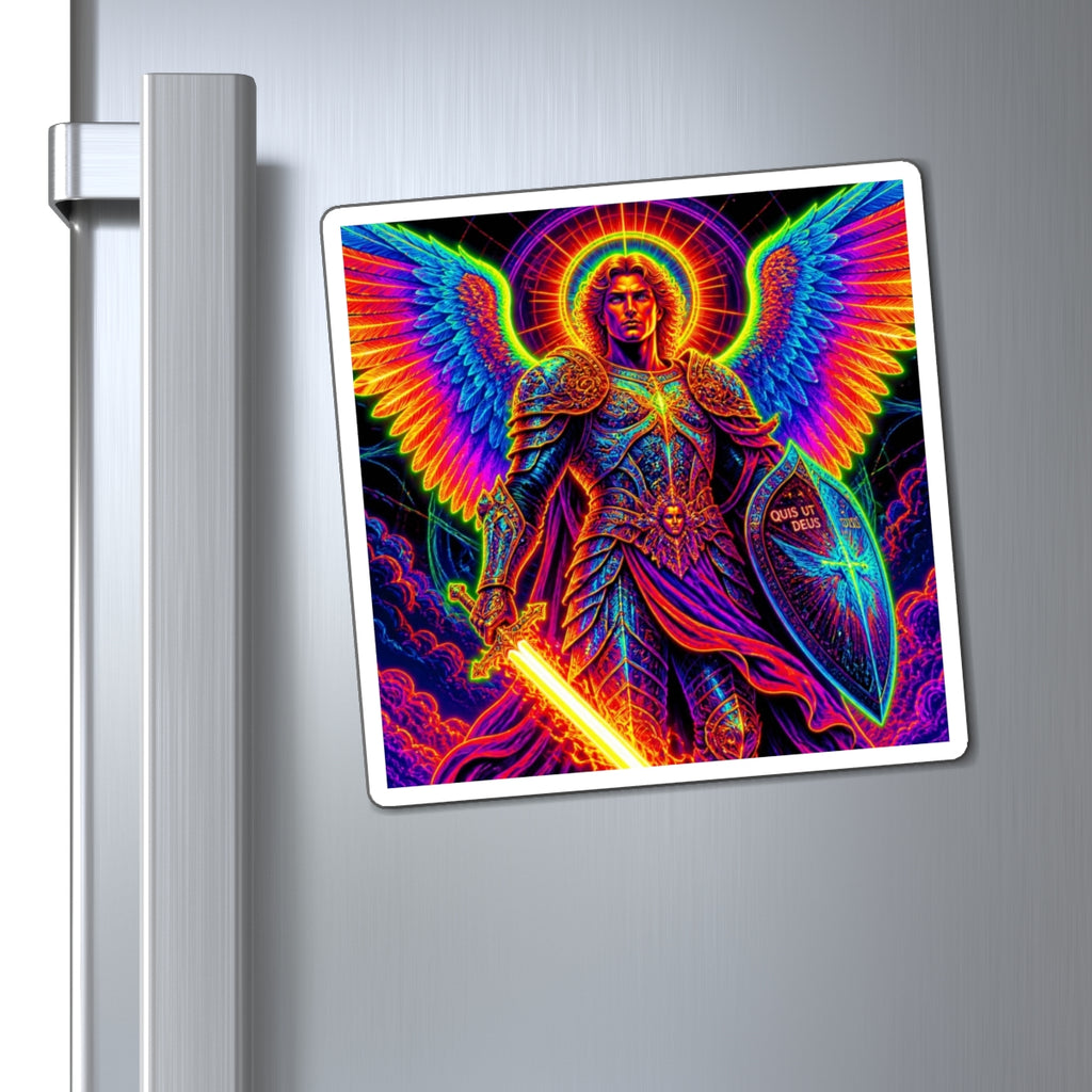 Neon Archangel Magnet — Rainbow Saint Michael with Sword & Shield