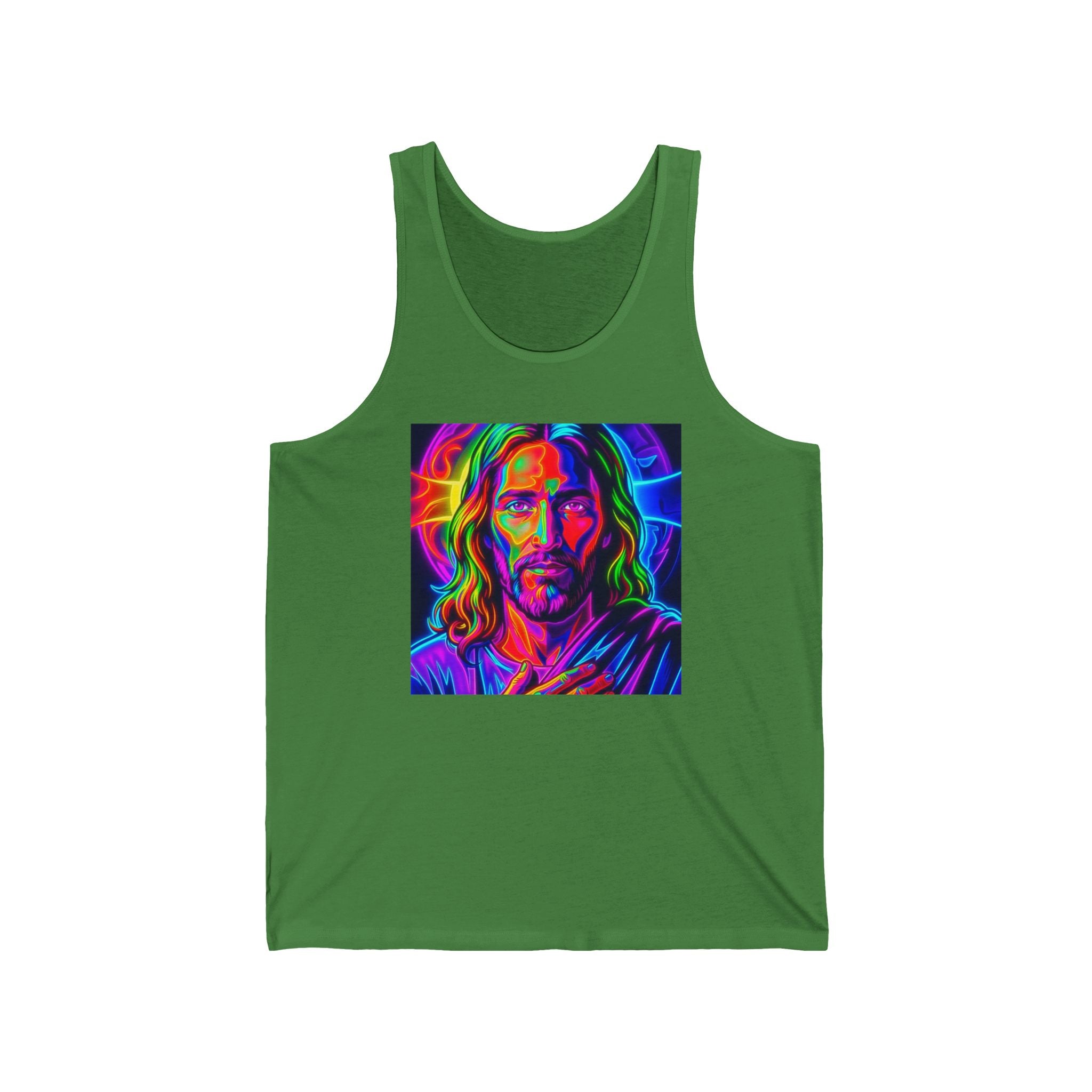Psychedelic Jesus Portrait Tank Top — Neon Religious Art Graphic Tank