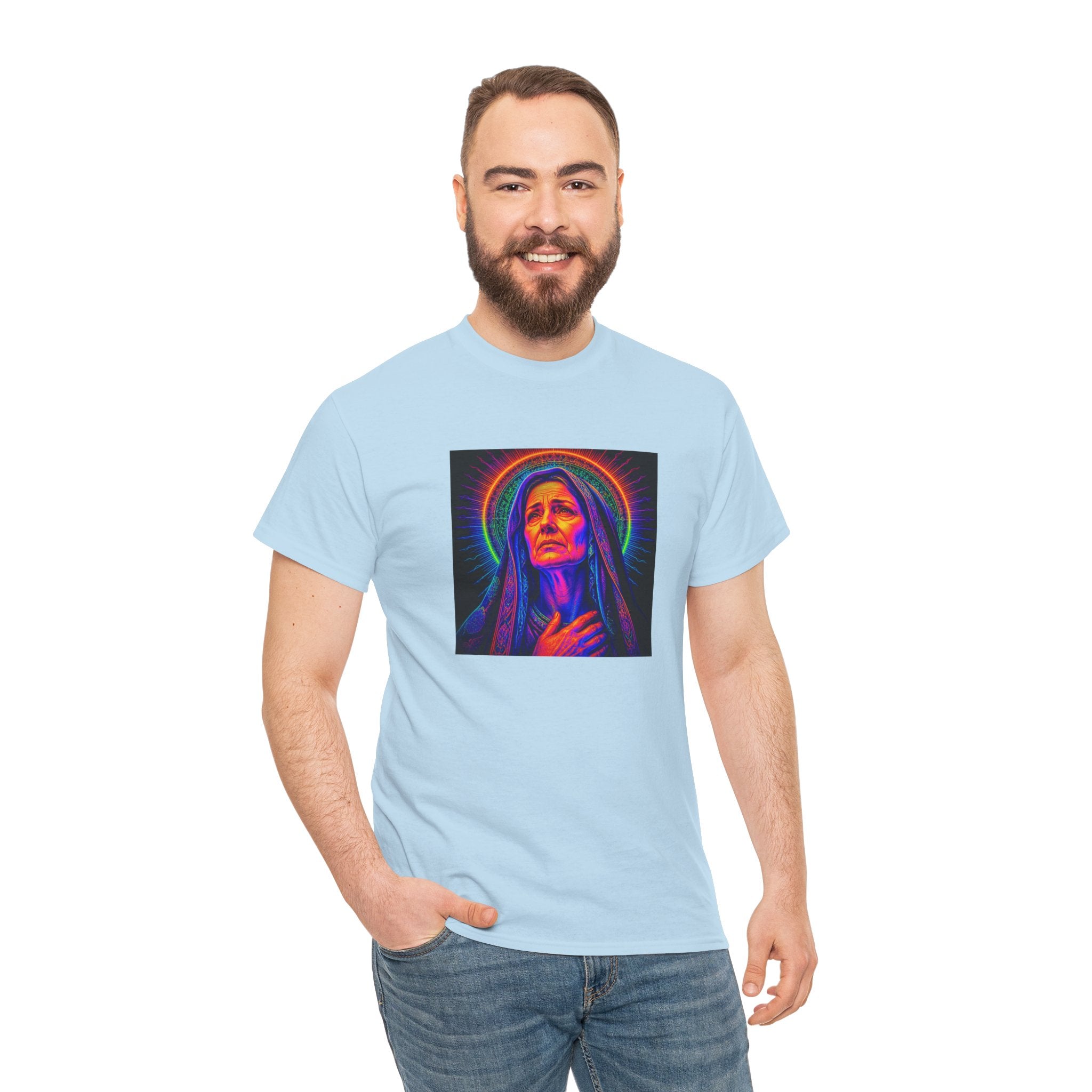 T-Shirt — Neon Madonna Portrait Graphic Tee Mother of Christ
