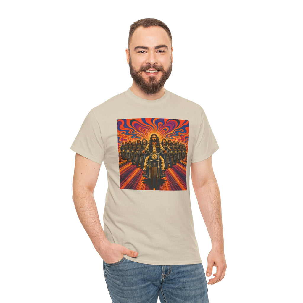 Psychedelic Yashua/Jesus Biker Crew T-Shirt — Retro Jesus Motorcycle Rider Graphic Tee