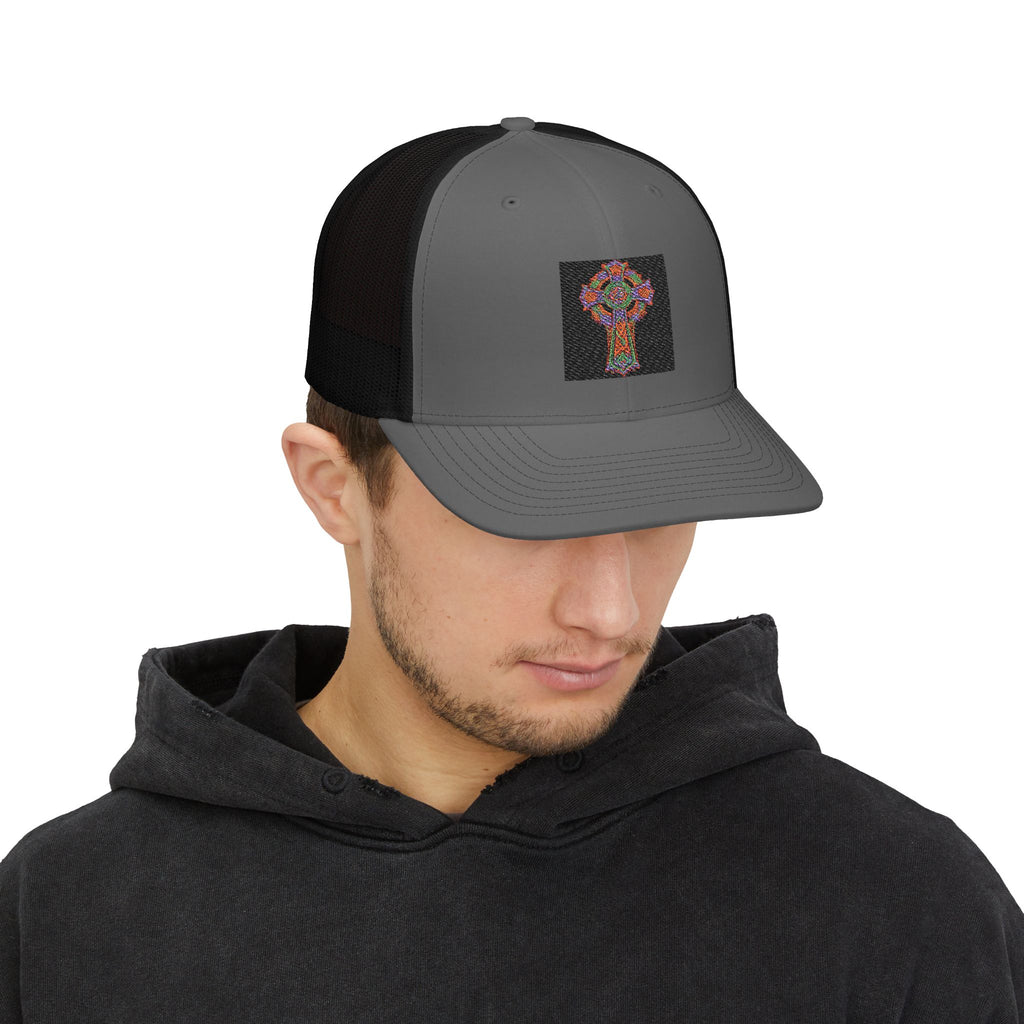 Floral Cross Snapback Trucker Cap — Colorful Mosaic Church Cross Hat