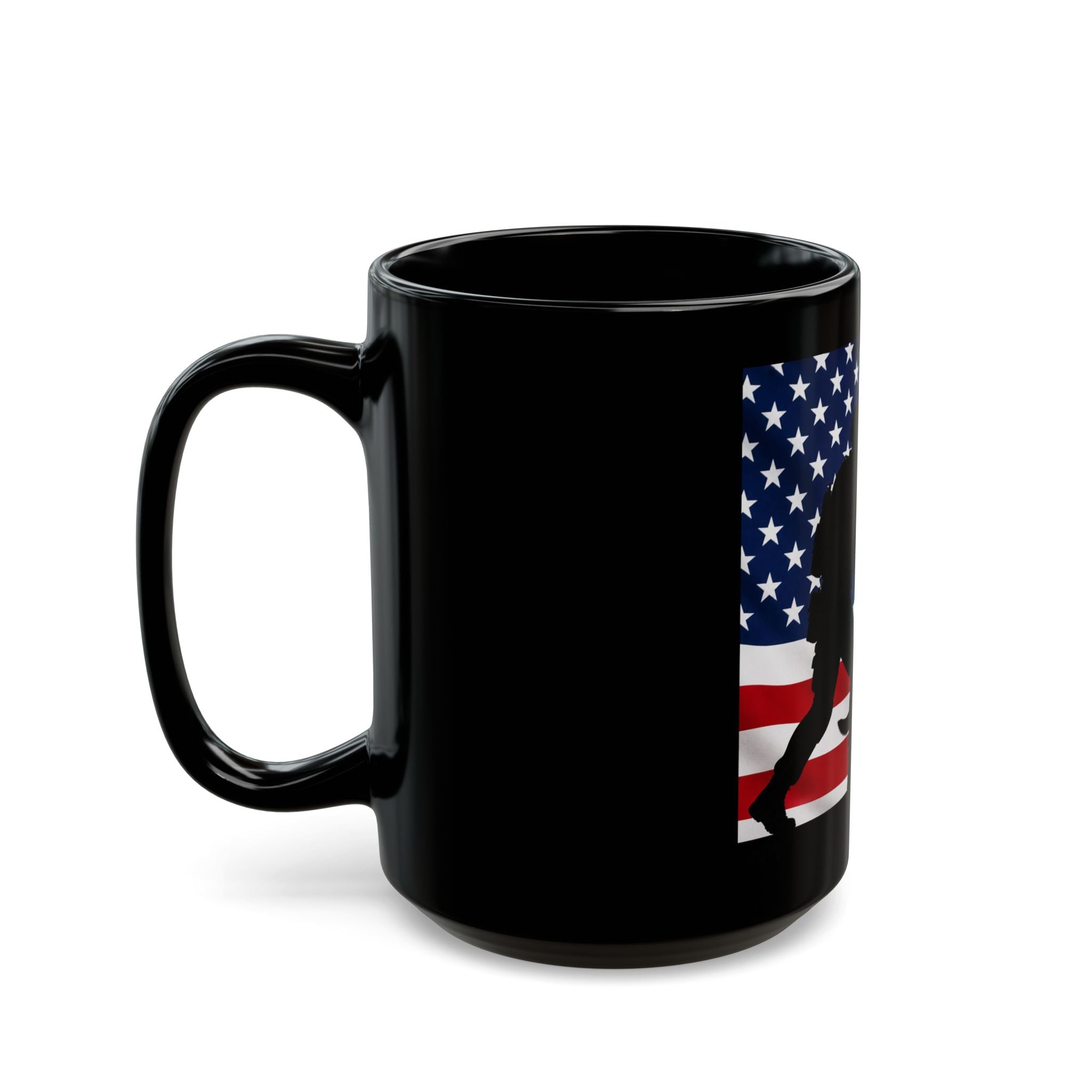 American Military K9 Mug — Soldier & Service Dog Silhouette with US Flag (11oz/15oz)