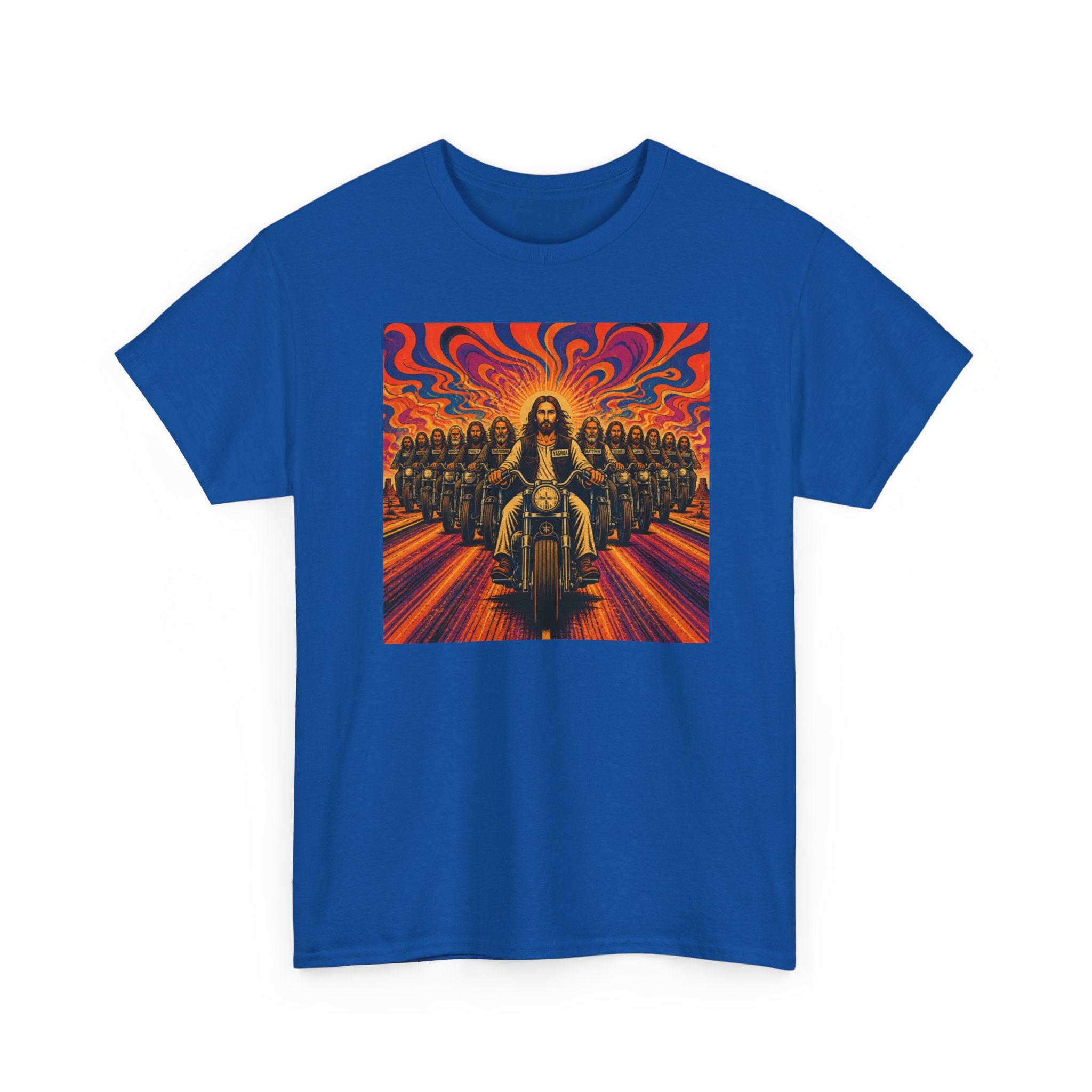 Psychedelic Yashua/Jesus Biker Crew T-Shirt — Retro Jesus Motorcycle Rider Graphic Tee