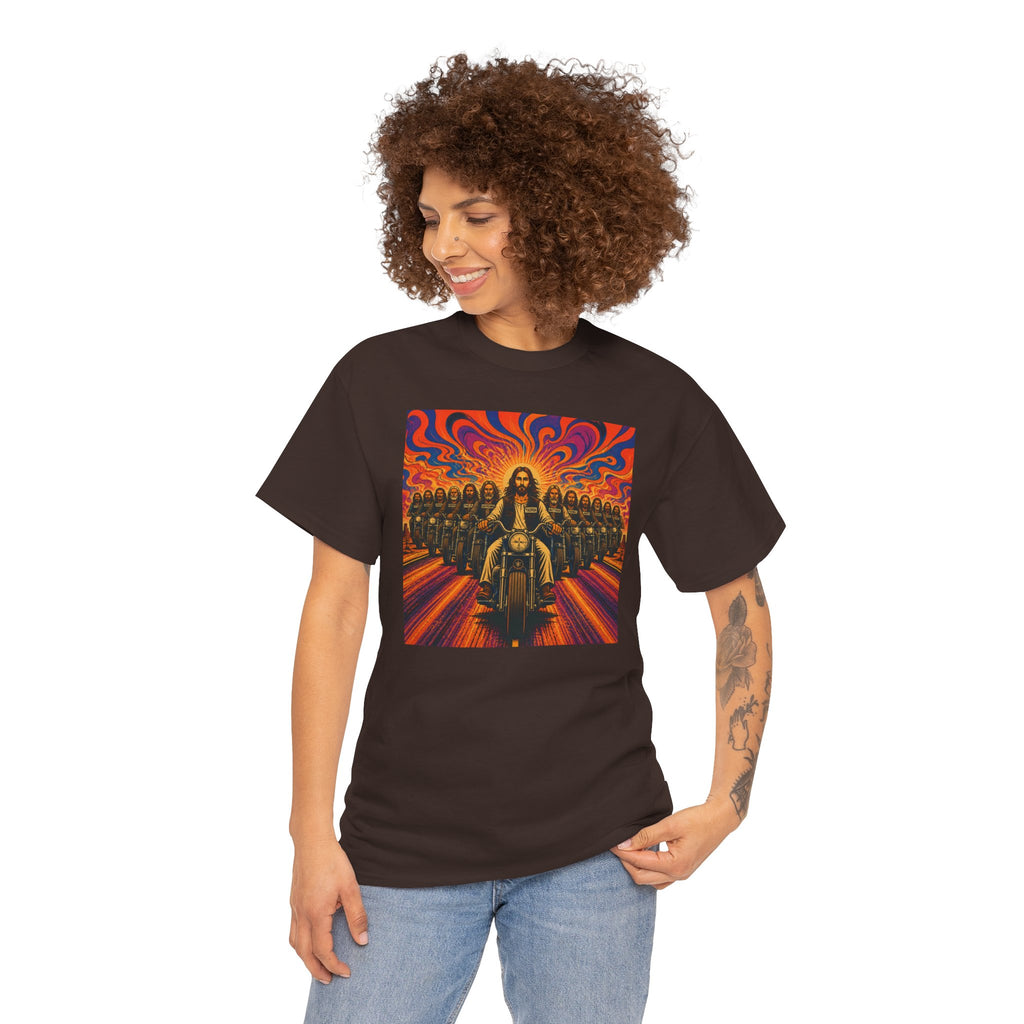 Psychedelic Yashua/Jesus Biker Crew T-Shirt — Retro Jesus Motorcycle Rider Graphic Tee