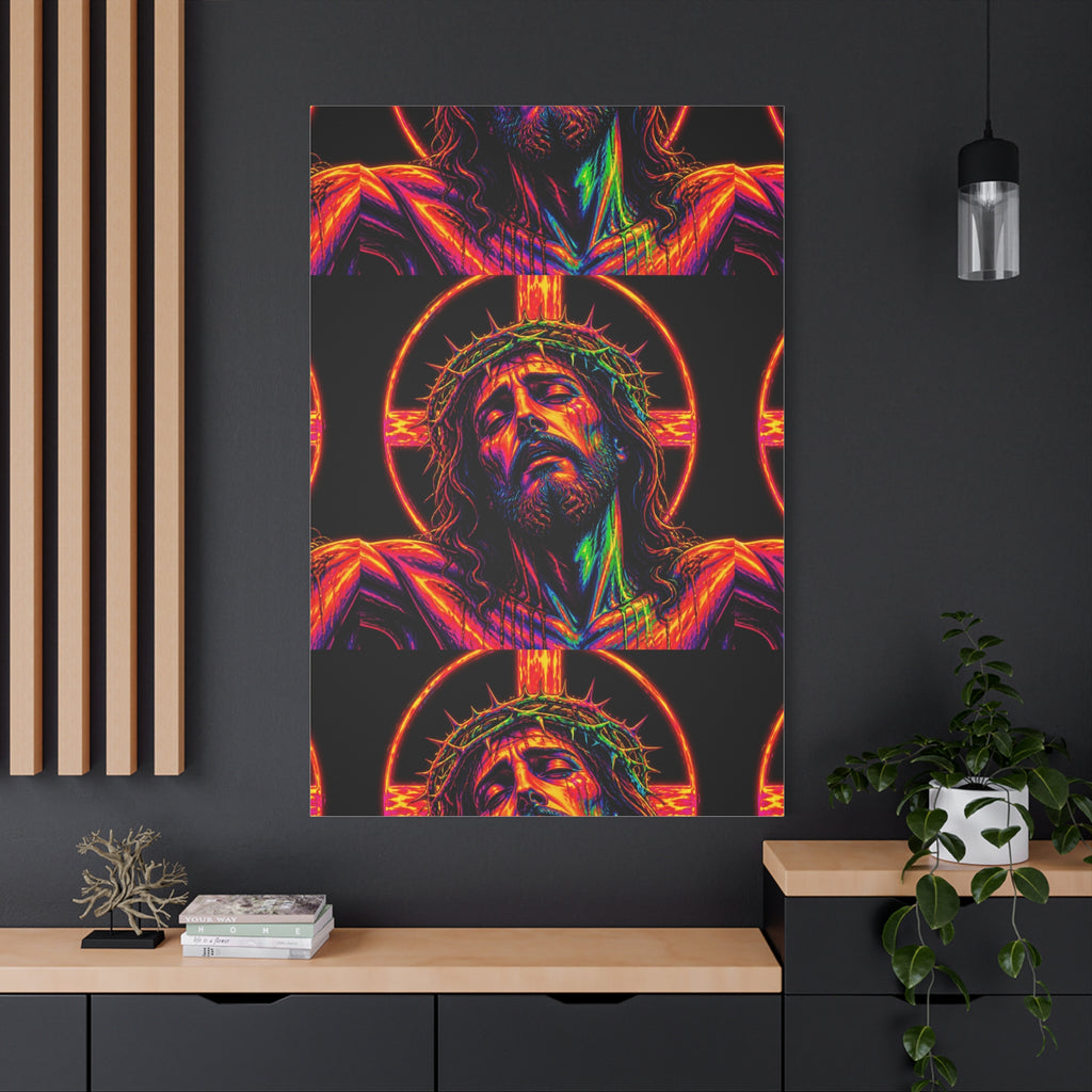 Neon Christ Crucifix Canvas Print — Vibrant Religious Wall Art