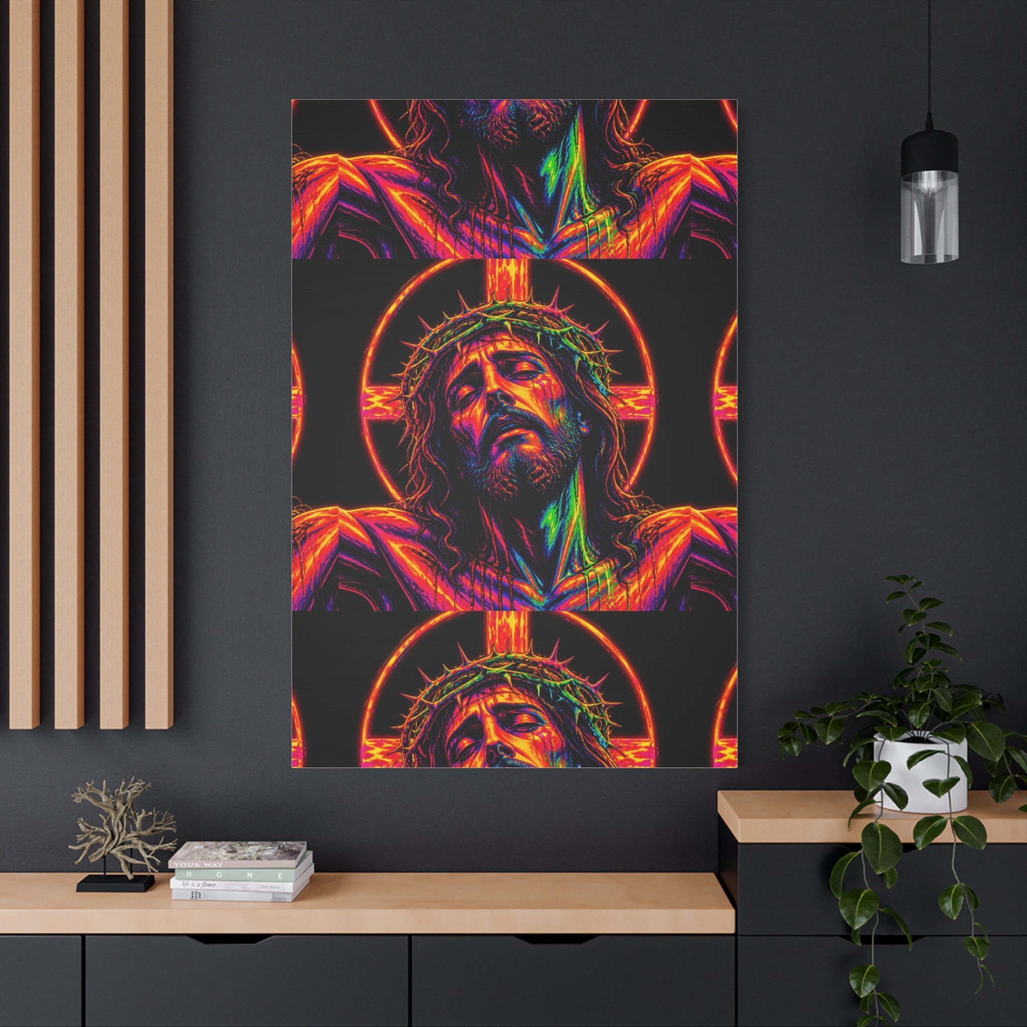 Neon Christ Crucifix Canvas Print — Vibrant Religious Wall Art