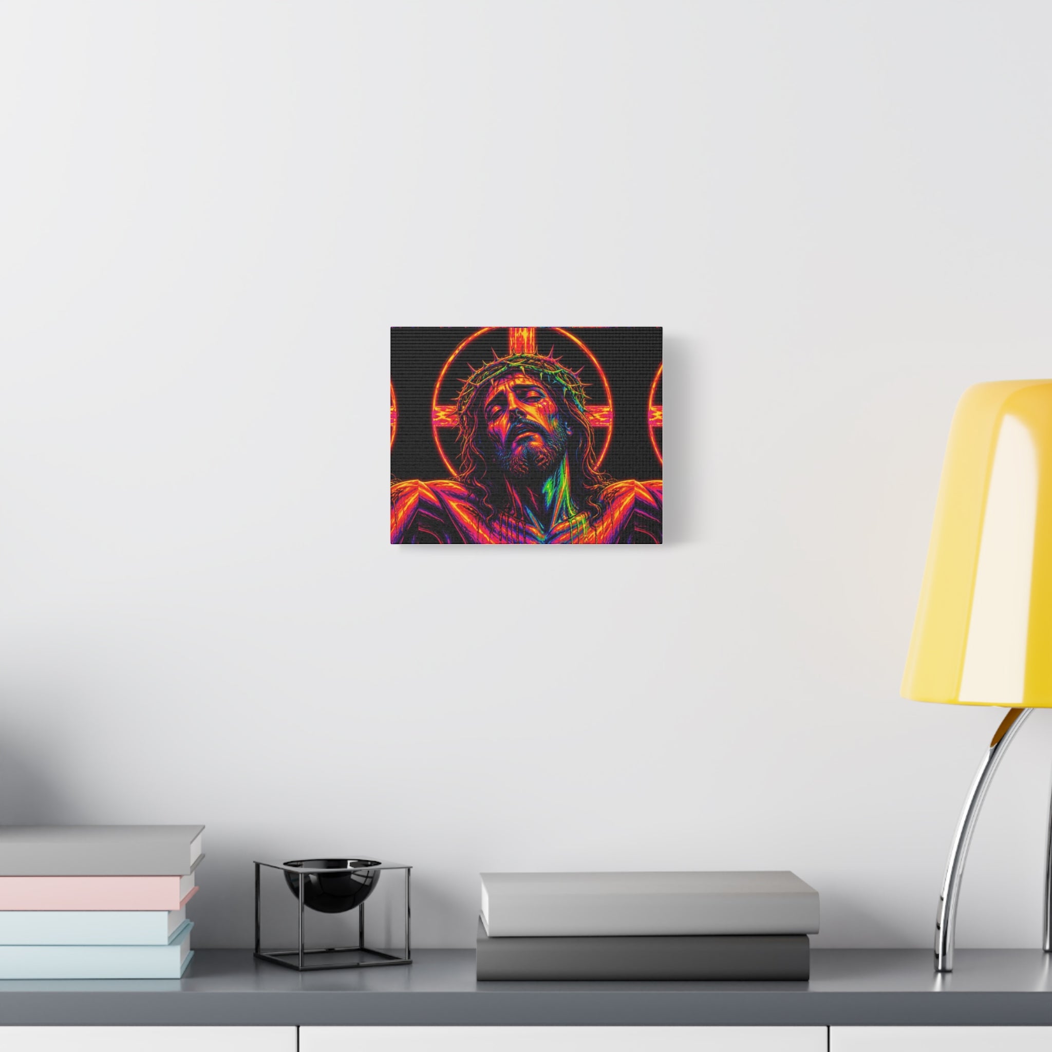 Neon Christ Crucifix Canvas Print — Vibrant Religious Wall Art
