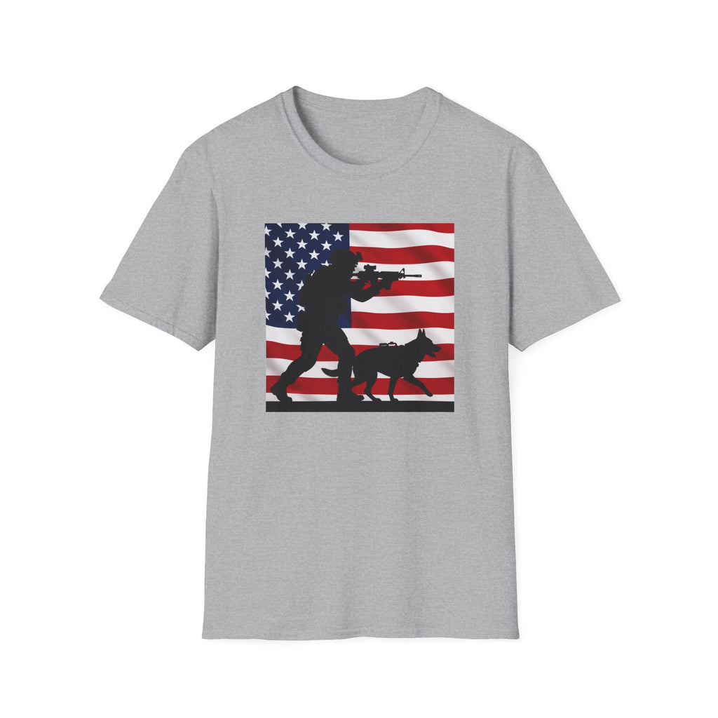 Patriotic K9 Handler T-Shirt — American Flag Soldier with Dog Graphic