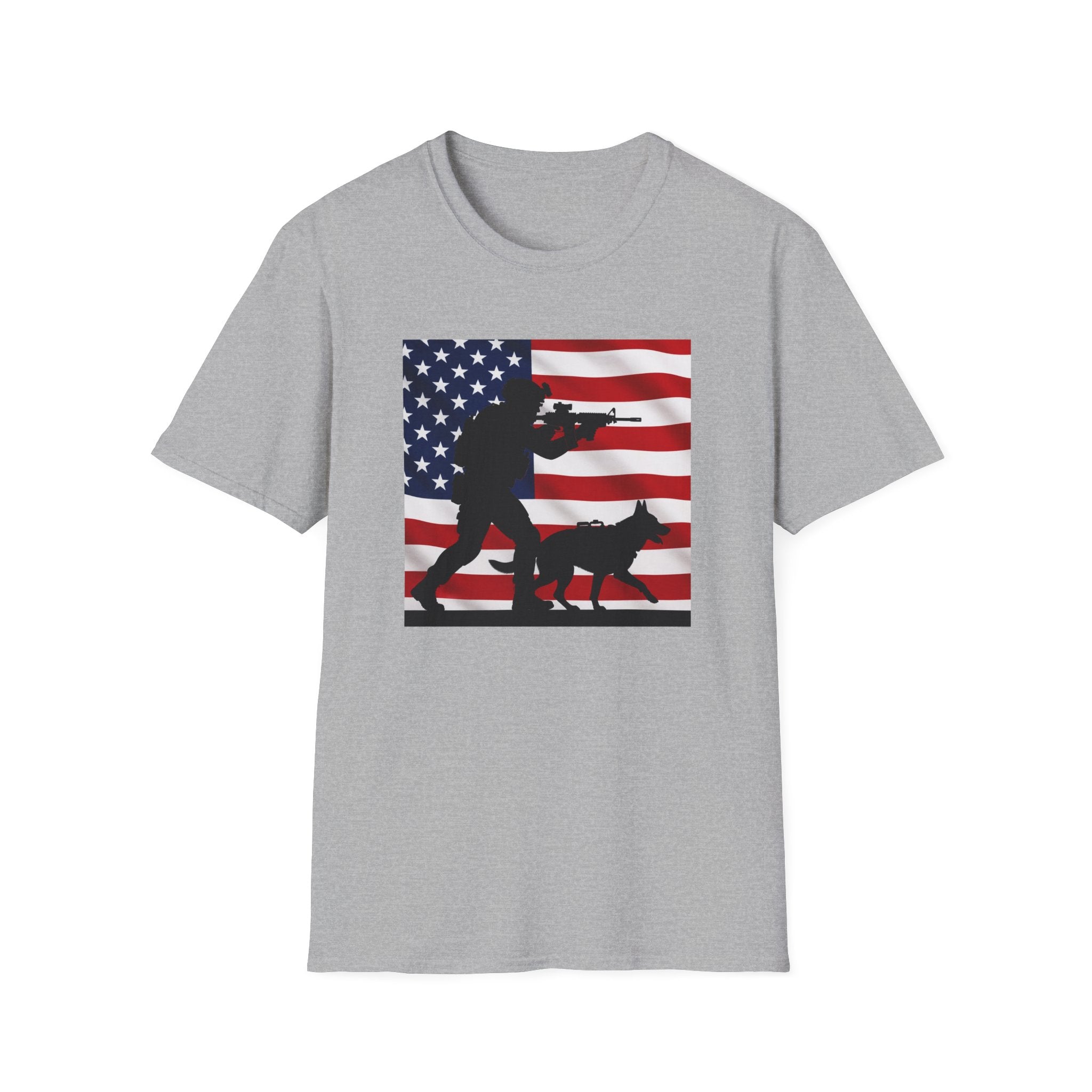 Patriotic K9 Handler T-Shirt — American Flag Soldier with Dog Graphic