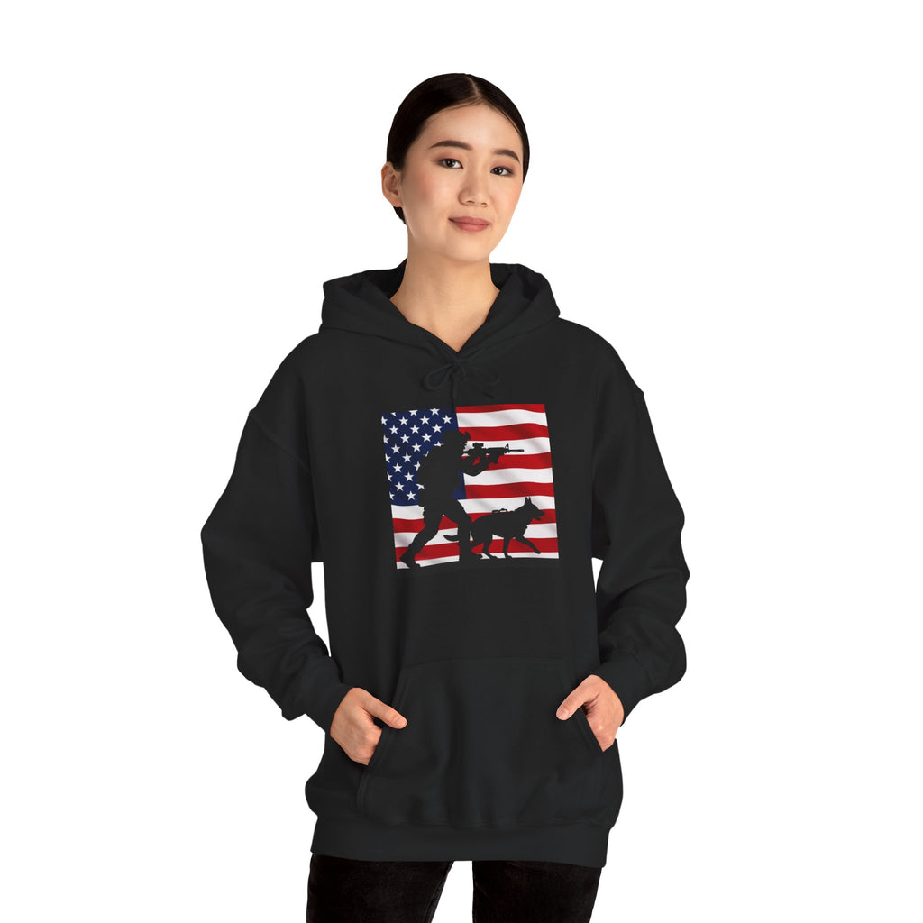 American K9 Handler Hoodie — US Flag Dog Silhouette Patriotic Sweatshirt