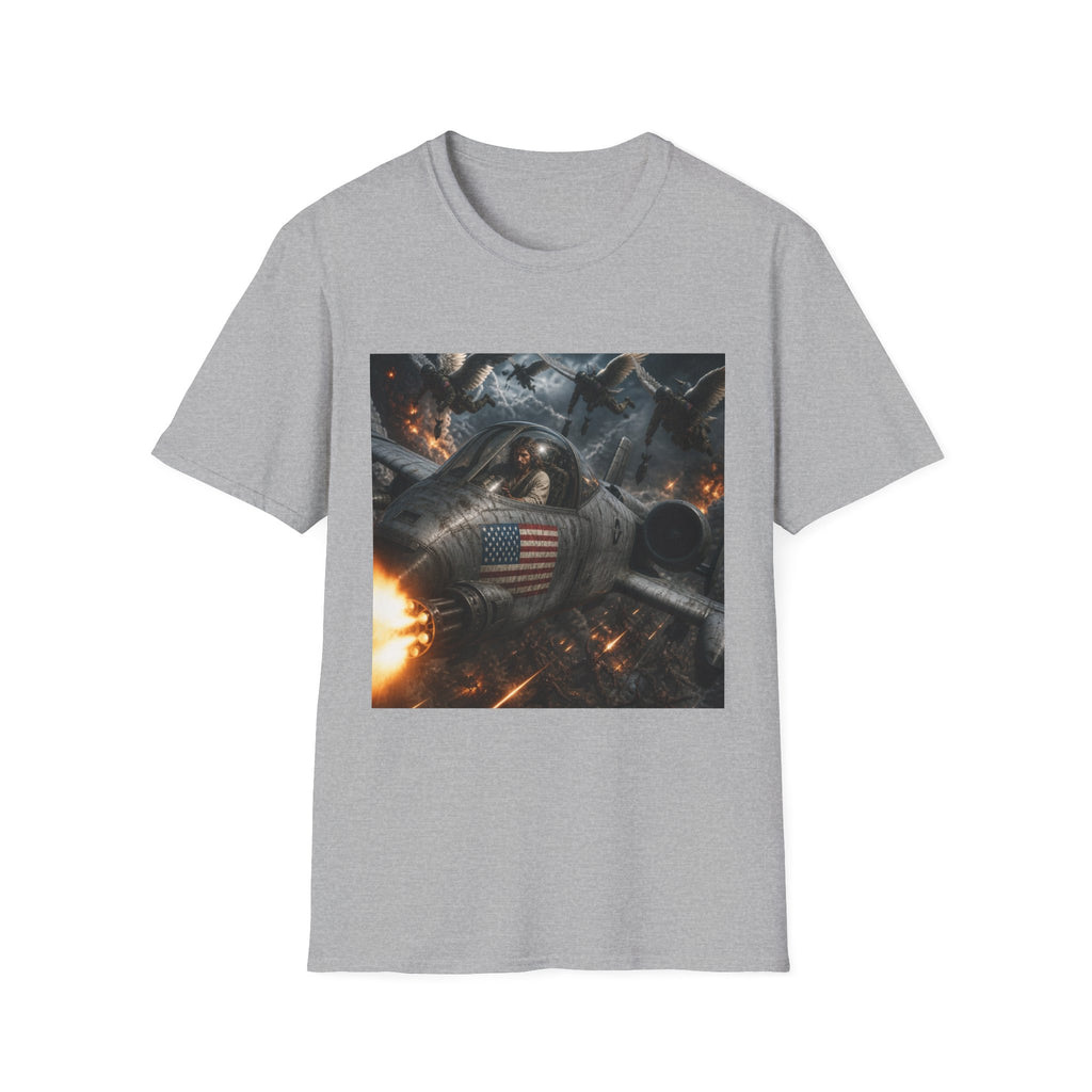 Jesus Military Pilot T‑Shirt — Vintage Jetfighter Scene with American Flag