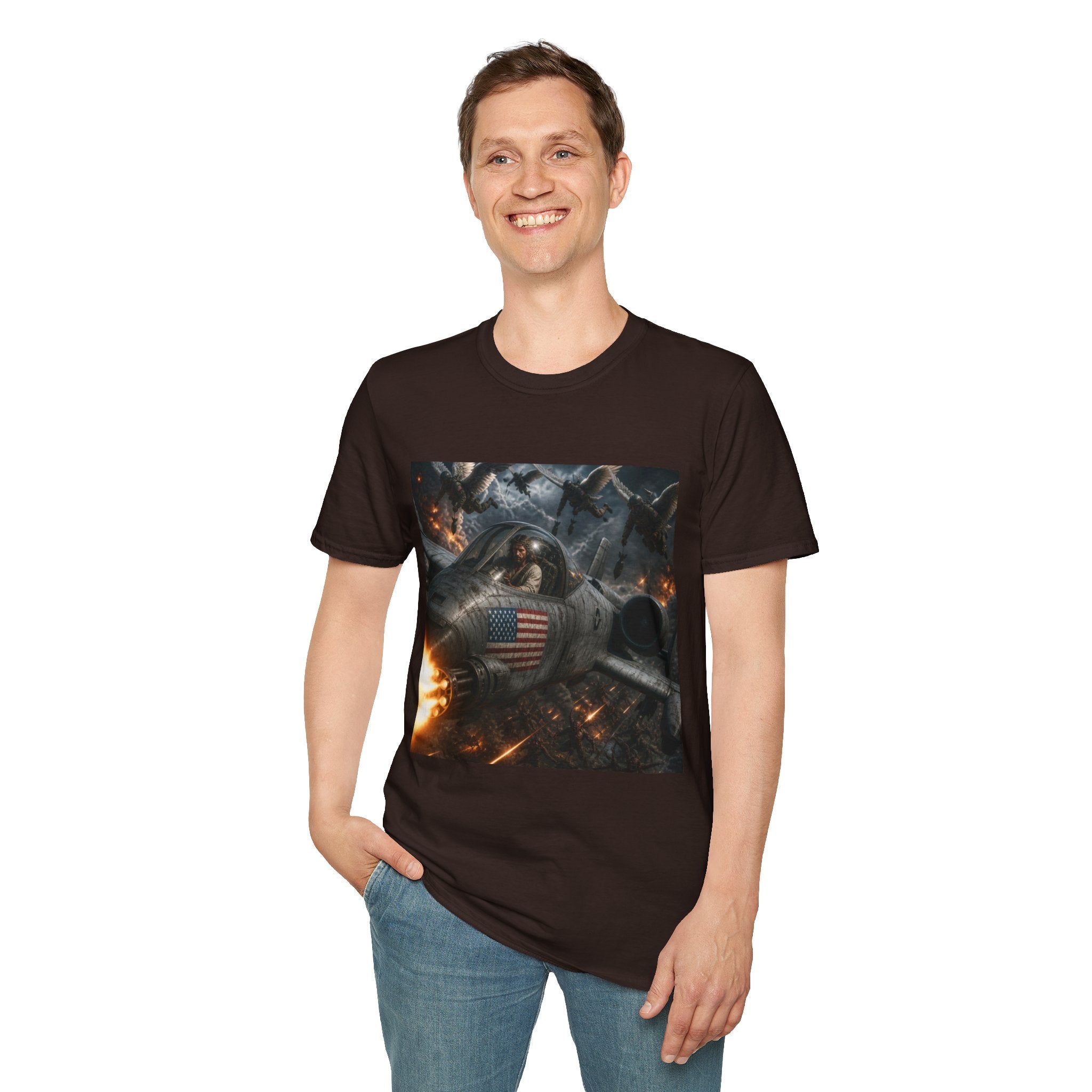Jesus Military Pilot T‑Shirt — Vintage Jetfighter Scene with American Flag