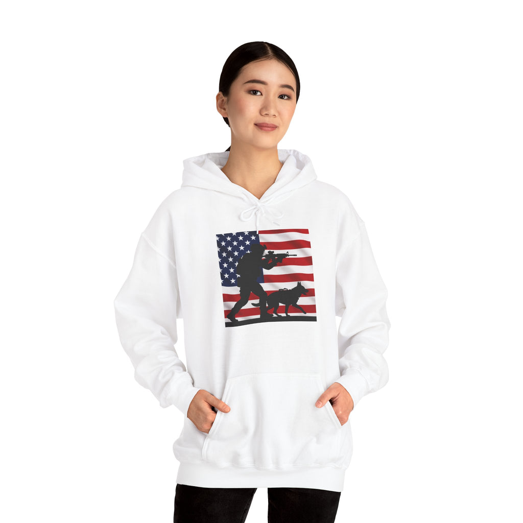 American K9 Handler Hoodie — US Flag Dog Silhouette Patriotic Sweatshirt