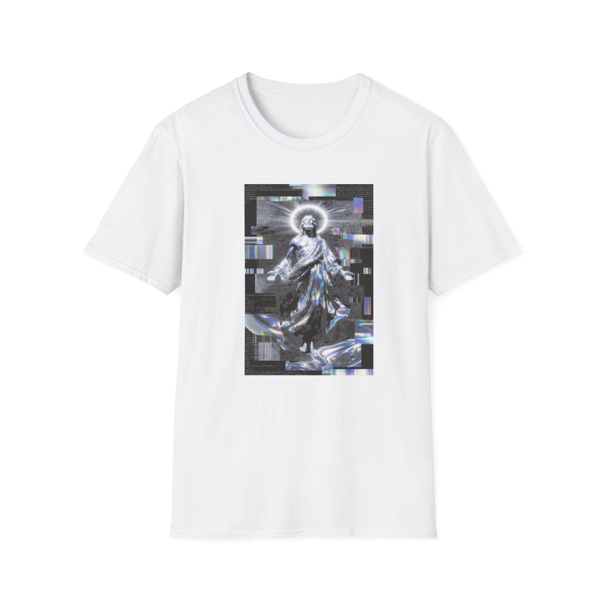 Glitch Halo Jesus T-Shirt — Vintage Religious Retro Digital Art Tee