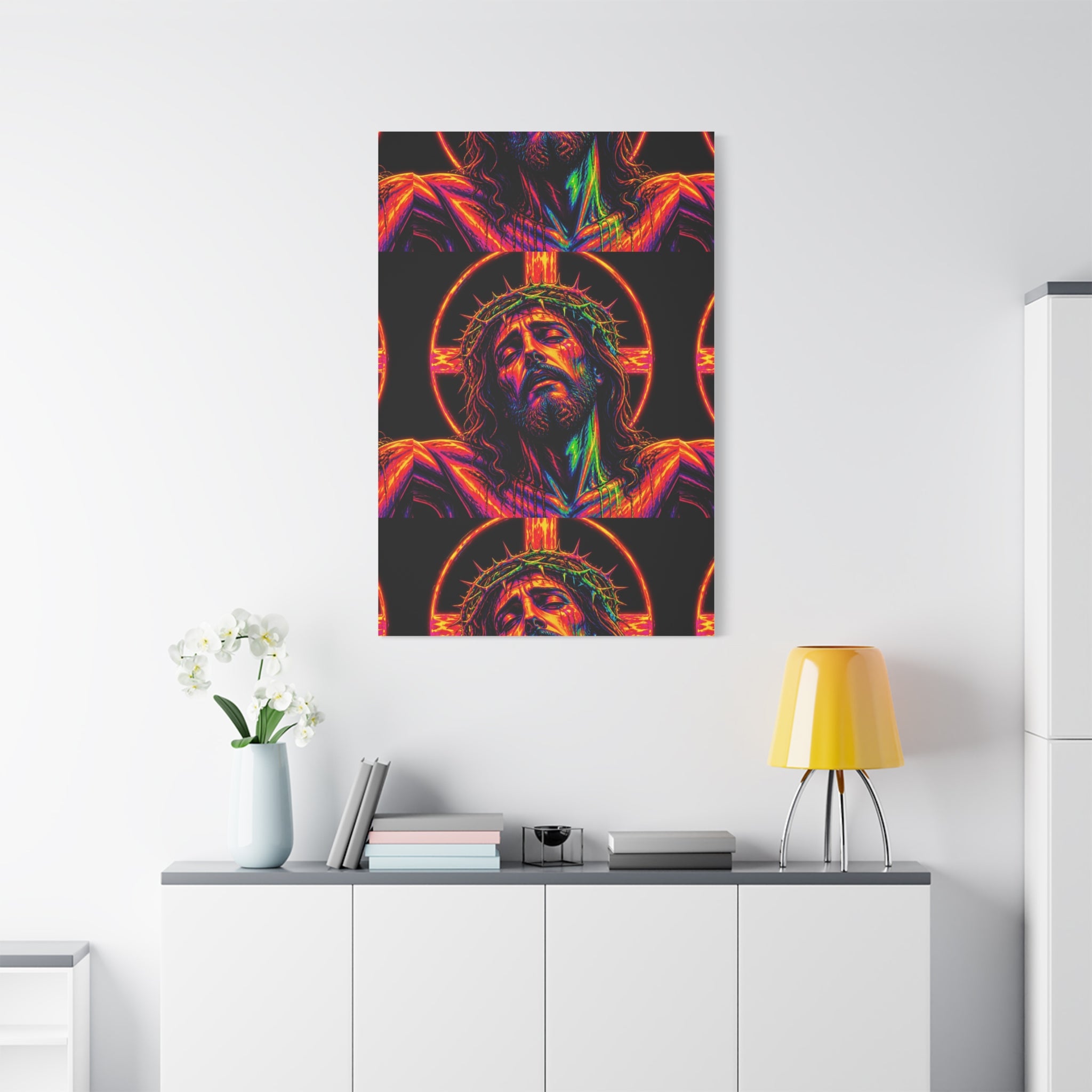 Neon Christ Crucifix Canvas Print — Vibrant Religious Wall Art
