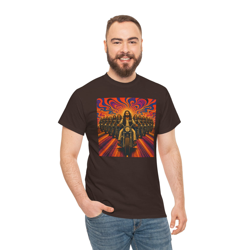 Psychedelic Yashua/Jesus Biker Crew T-Shirt — Retro Jesus Motorcycle Rider Graphic Tee