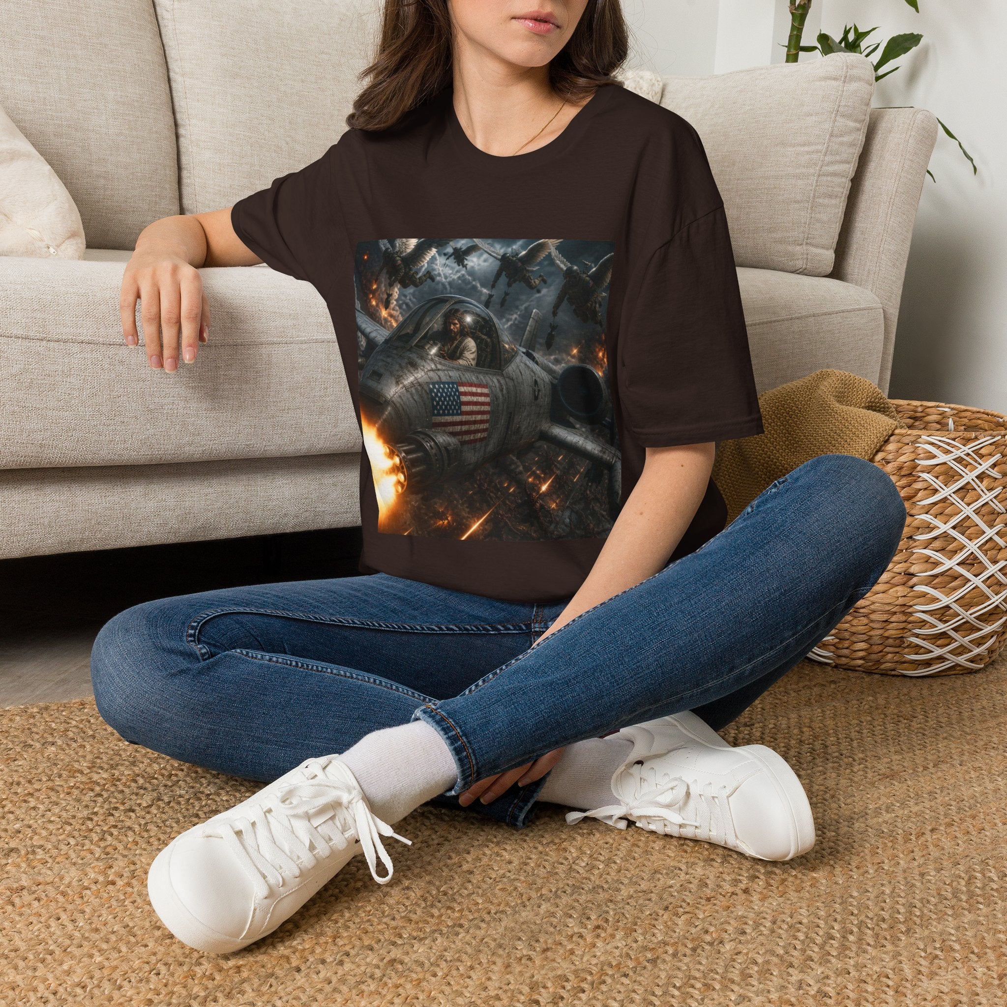 Jesus Military Pilot T‑Shirt — Vintage Jetfighter Scene with American Flag