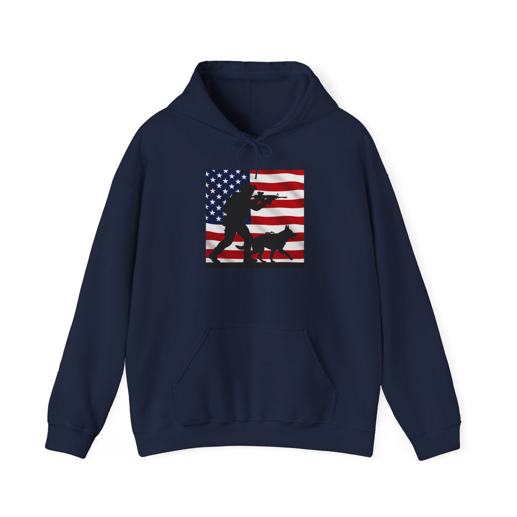 American K9 Handler Hoodie — US Flag Dog Silhouette Patriotic Sweatshirt