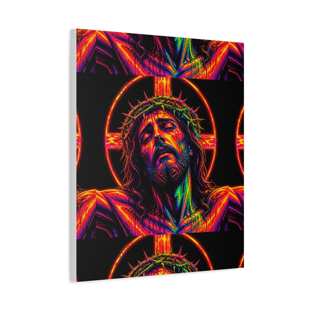 Neon Christ Crucifix Canvas Print — Vibrant Religious Wall Art