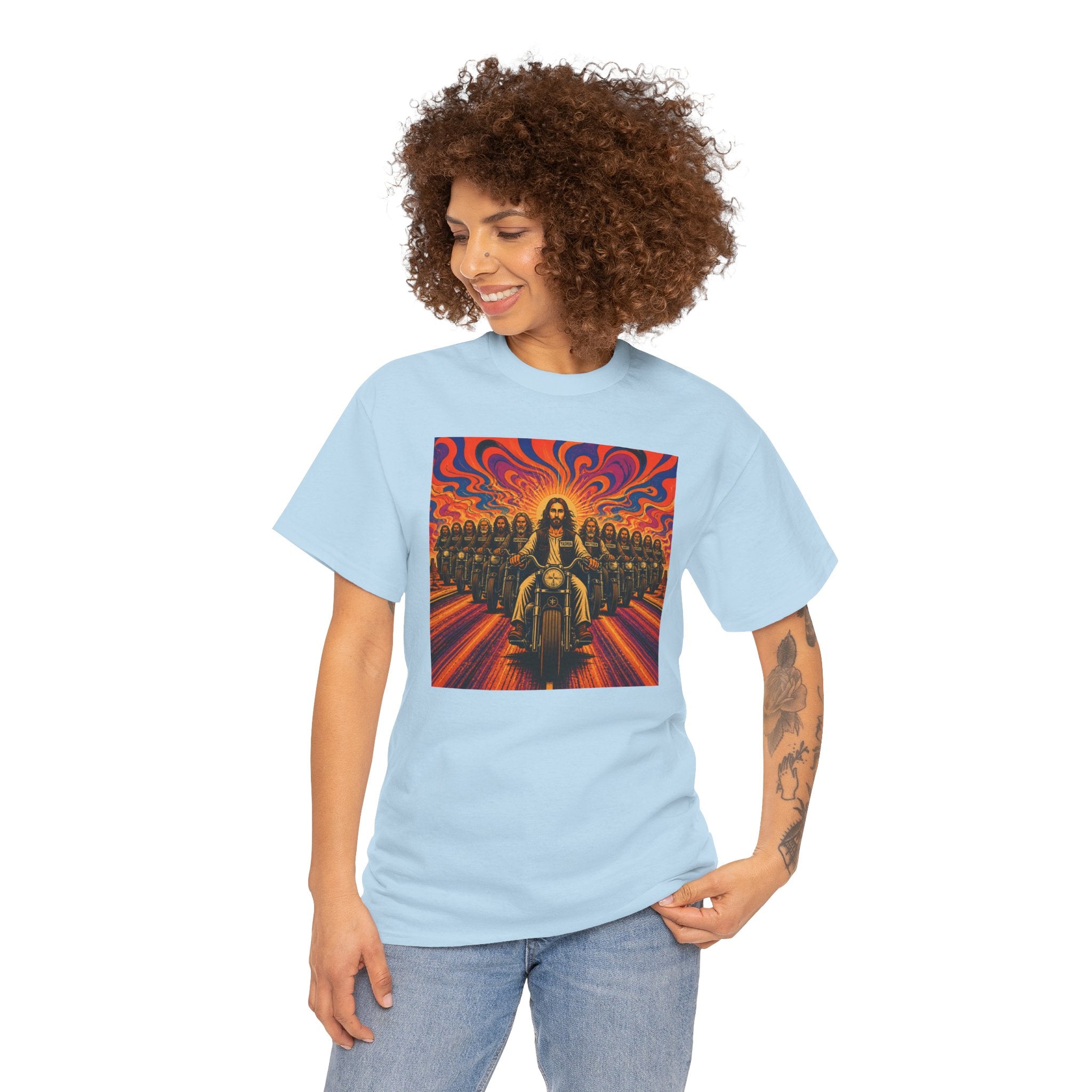 Psychedelic Yashua/Jesus Biker Crew T-Shirt — Retro Jesus Motorcycle Rider Graphic Tee