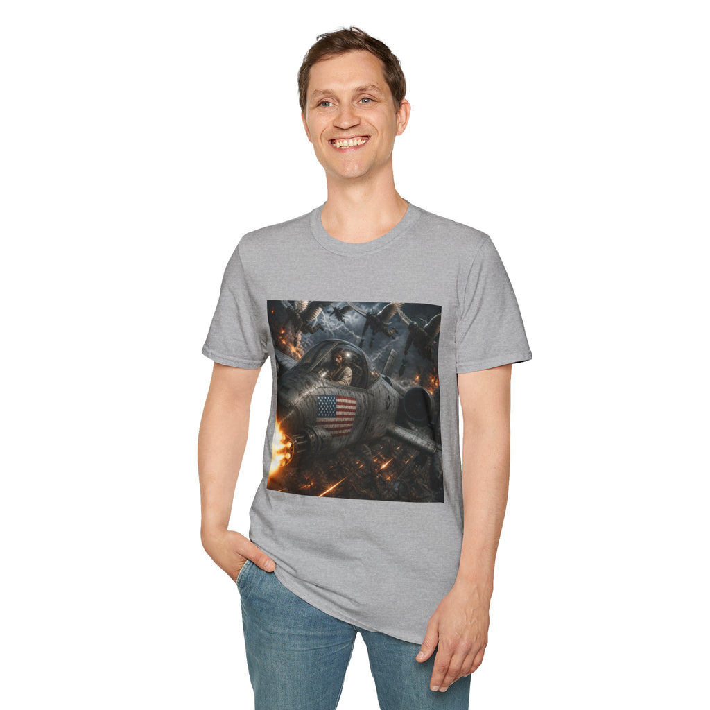 Jesus Military Pilot T‑Shirt — Vintage Jetfighter Scene with American Flag