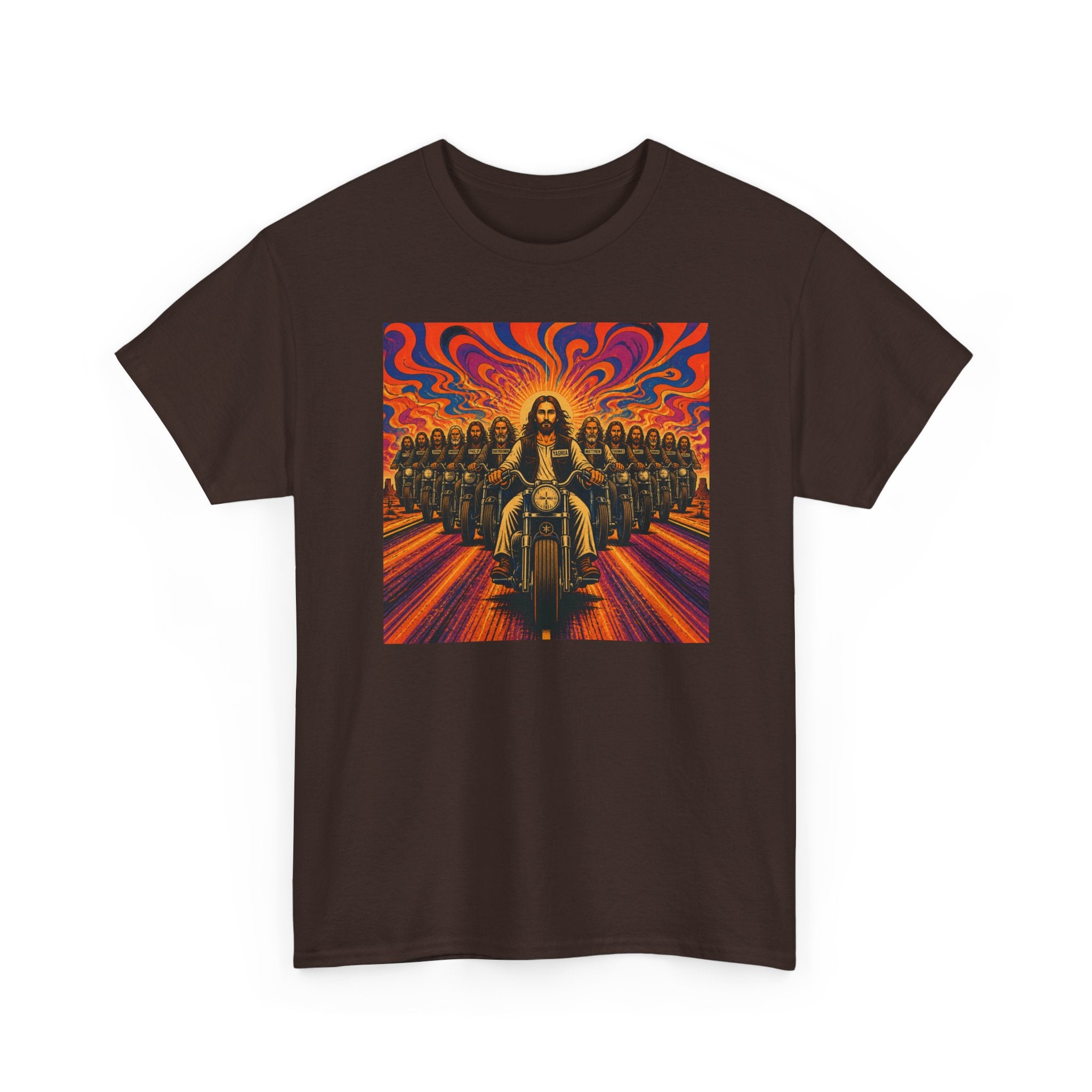 Psychedelic Yashua/Jesus Biker Crew T-Shirt — Retro Jesus Motorcycle Rider Graphic Tee