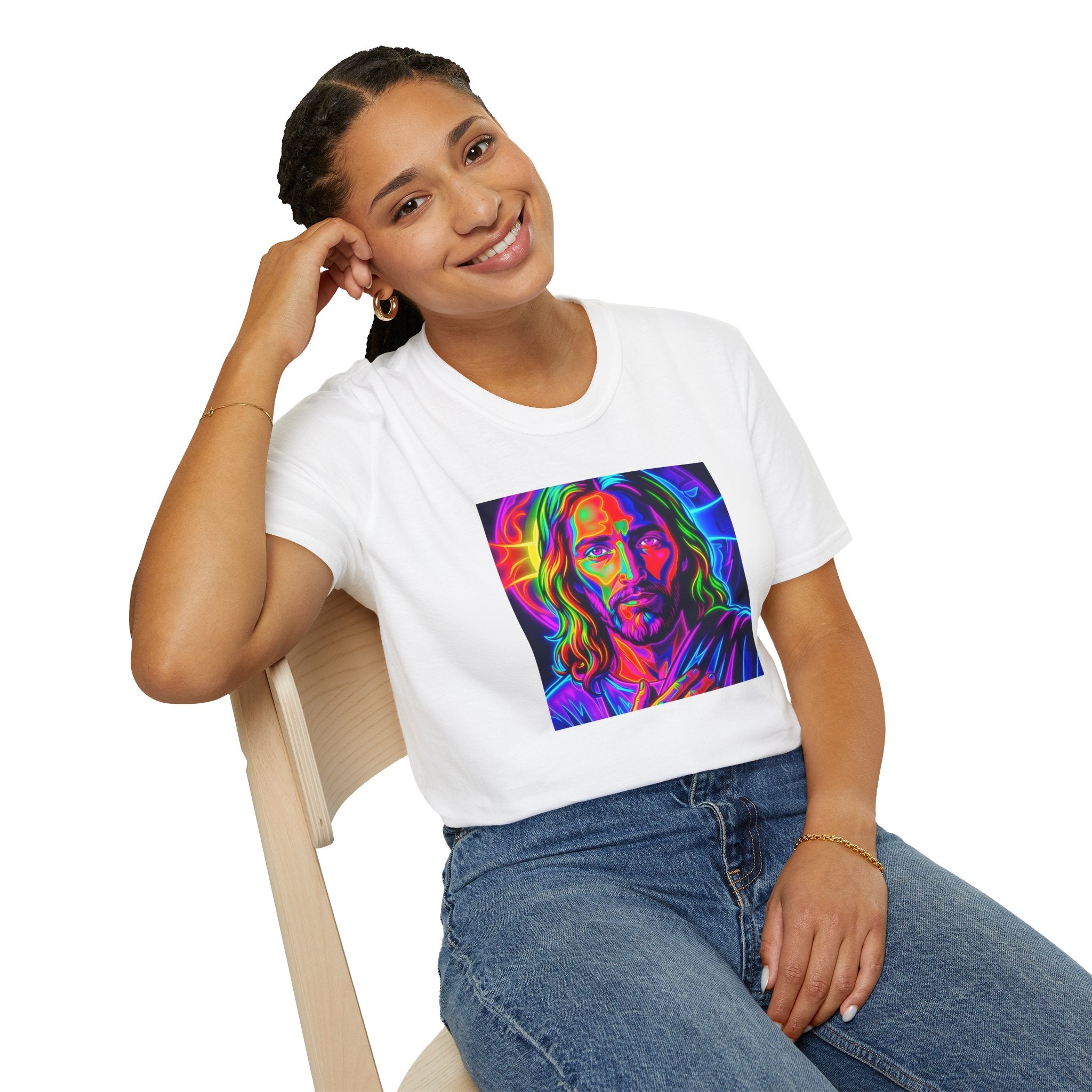 Jesus Portrait T-Shirt — Vibrant Neon Christian Art Tee