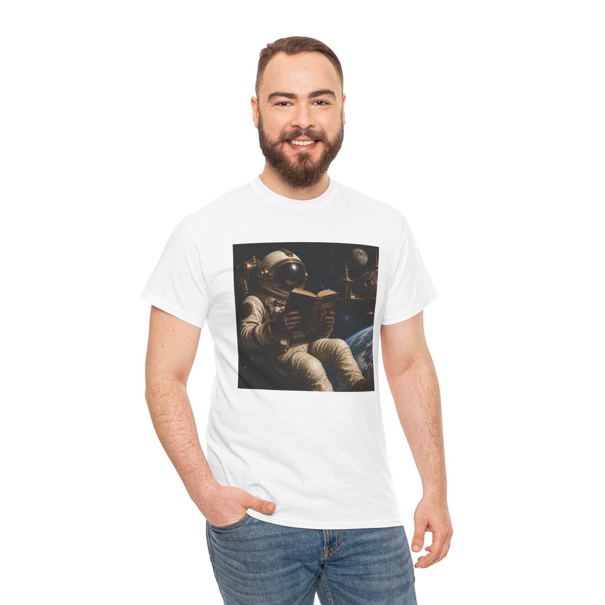 Astronaut Reading Graphic Tee — Spacebook Retro Sci‑Fi T-Shirt - Steampunk