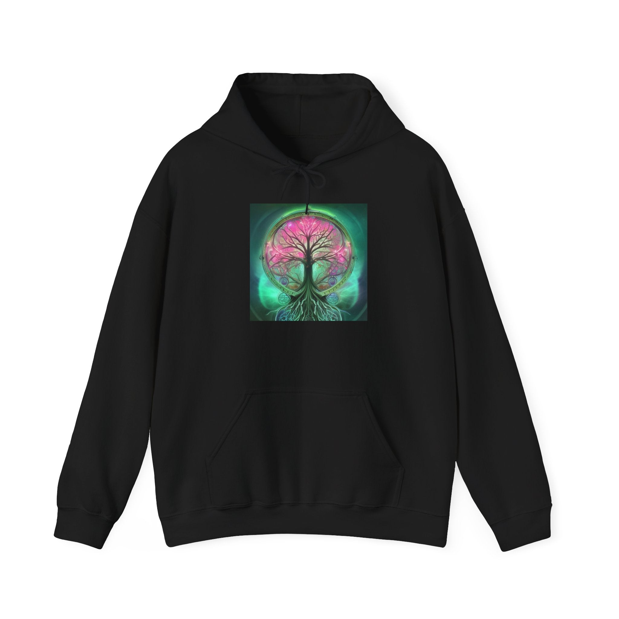 Tree of Life Hoodie — Vibrant Pink & Teal Spiritual Graphic Hooded Sweatshirt