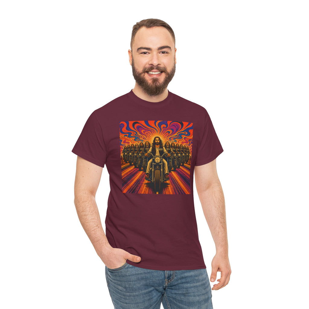 Psychedelic Yashua/Jesus Biker Crew T-Shirt — Retro Jesus Motorcycle Rider Graphic Tee