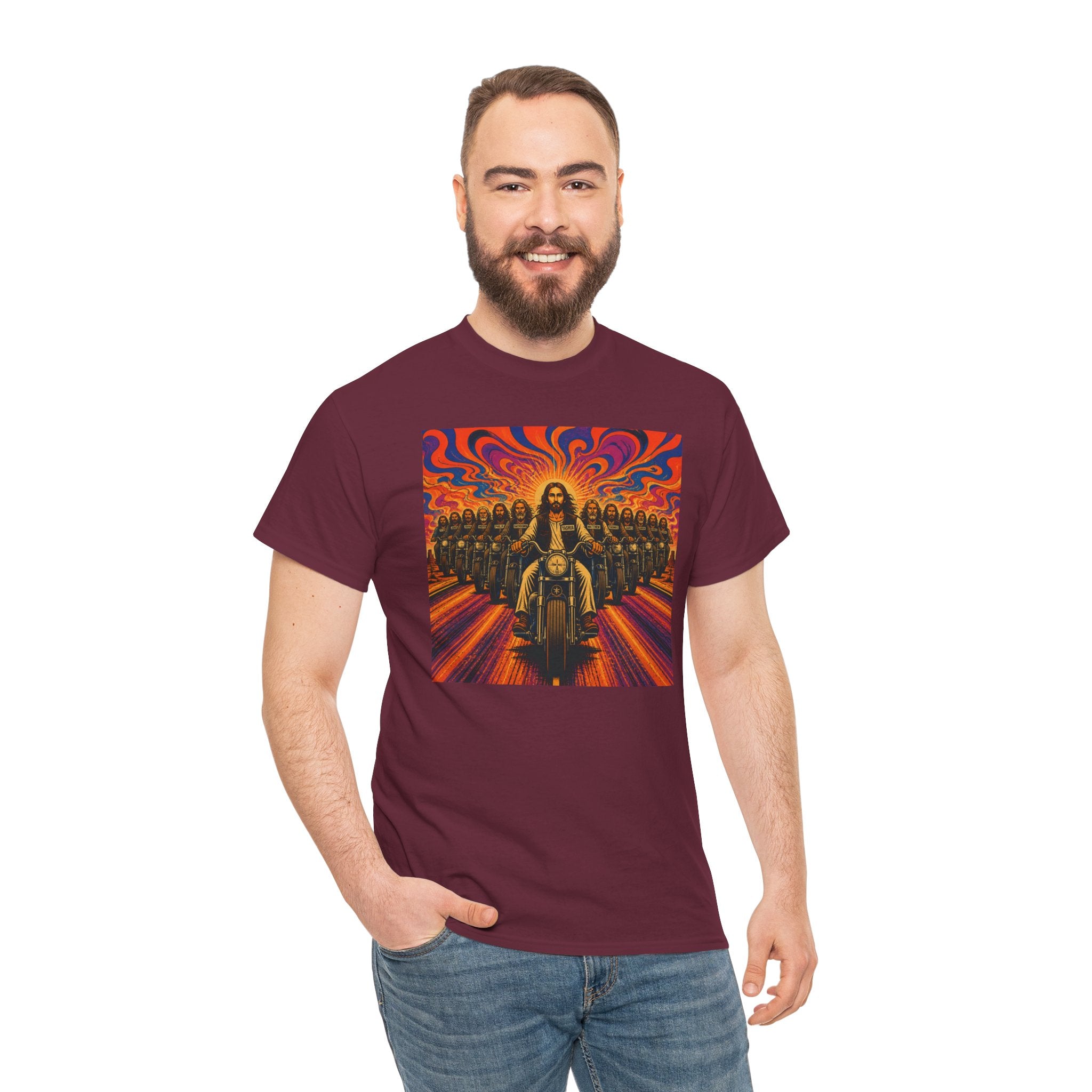 Psychedelic Yashua/Jesus Biker Crew T-Shirt — Retro Jesus Motorcycle Rider Graphic Tee