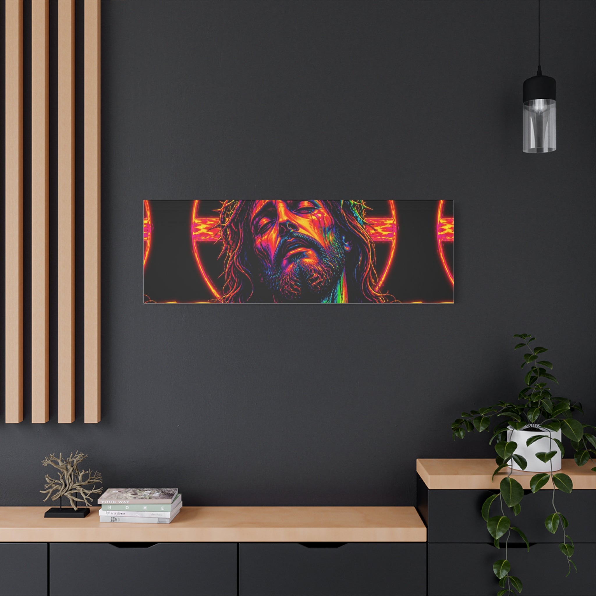 Neon Christ Crucifix Canvas Print — Vibrant Religious Wall Art