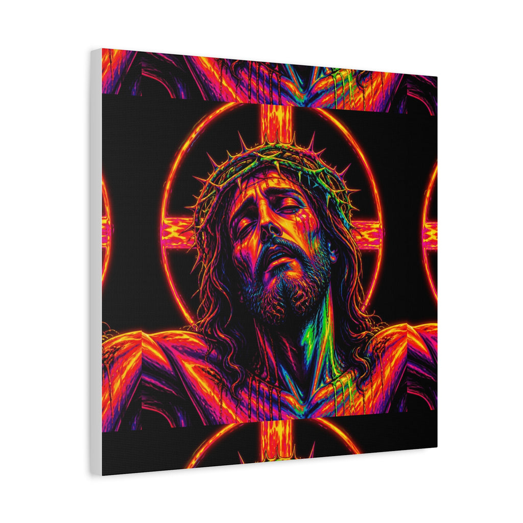Neon Christ Crucifix Canvas Print — Vibrant Religious Wall Art