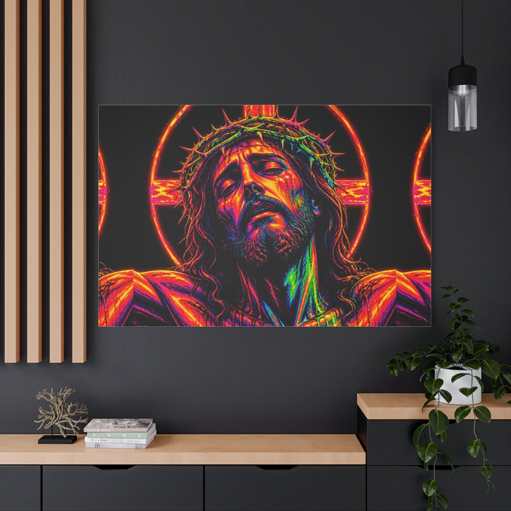 Neon Christ Crucifix Canvas Print — Vibrant Religious Wall Art